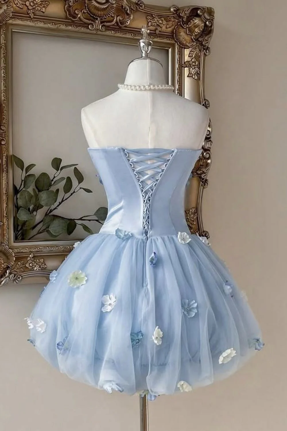 Dreamy Powder Blue Strapless Floral Tulle Corset A-Line Homecoming Dress