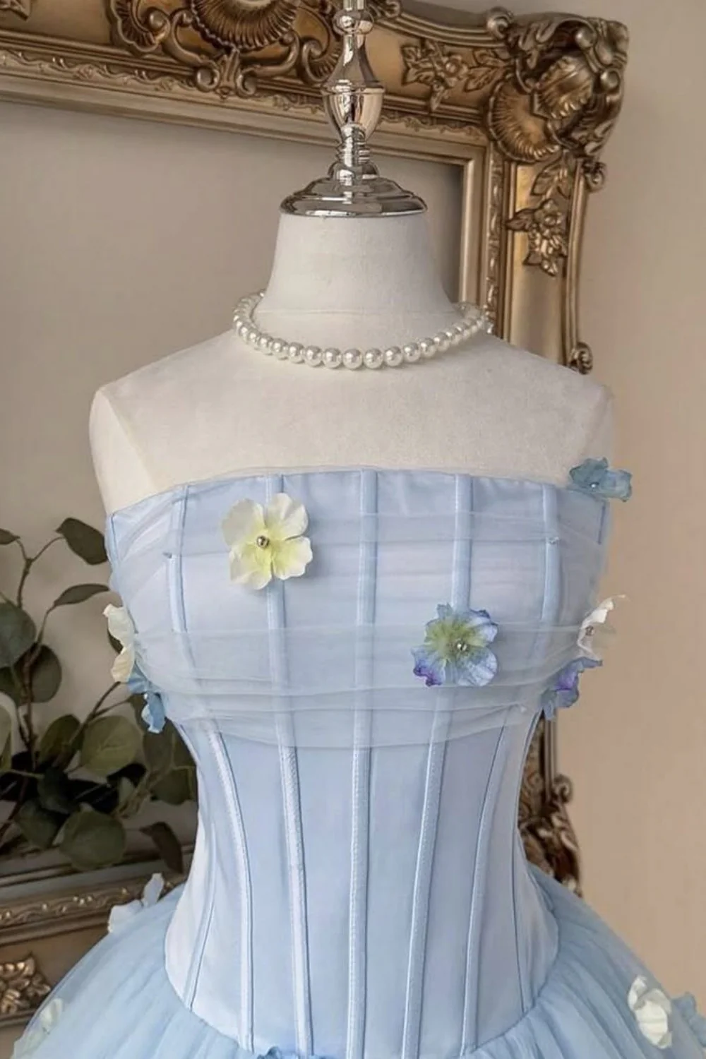 Dreamy Powder Blue Strapless Floral Tulle Corset A-Line Homecoming Dress