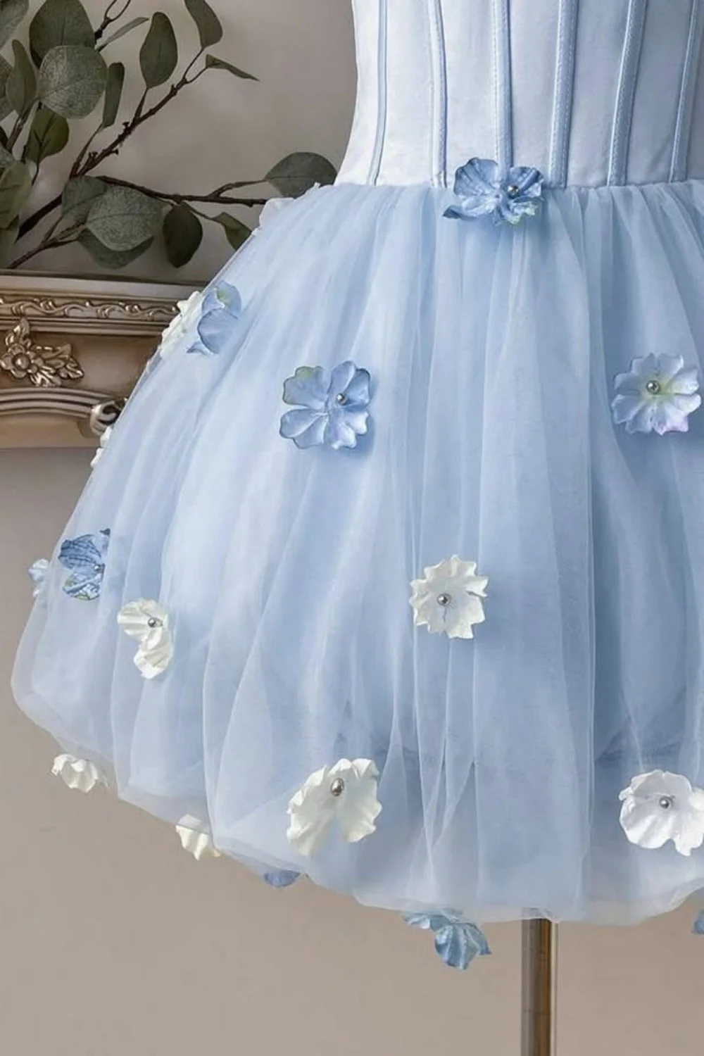 Dreamy Powder Blue Strapless Floral Tulle Corset A-Line Homecoming Dress