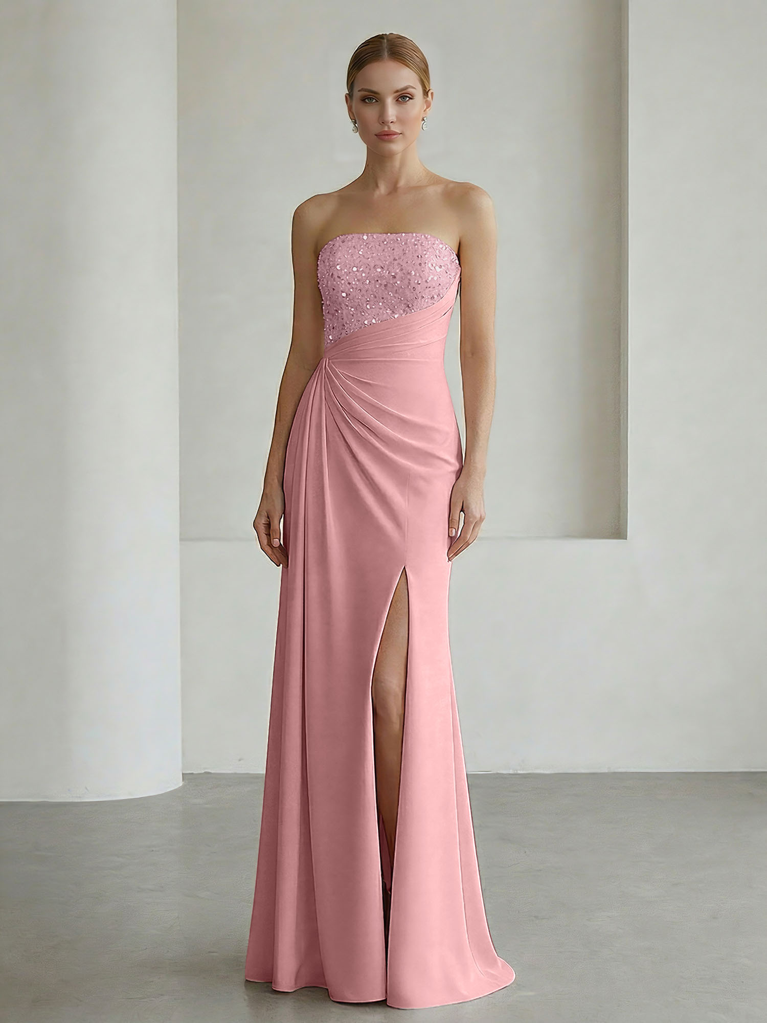 Glamorous Formal Evening Dress Soft Blush Beaded Strapless Slit Gown