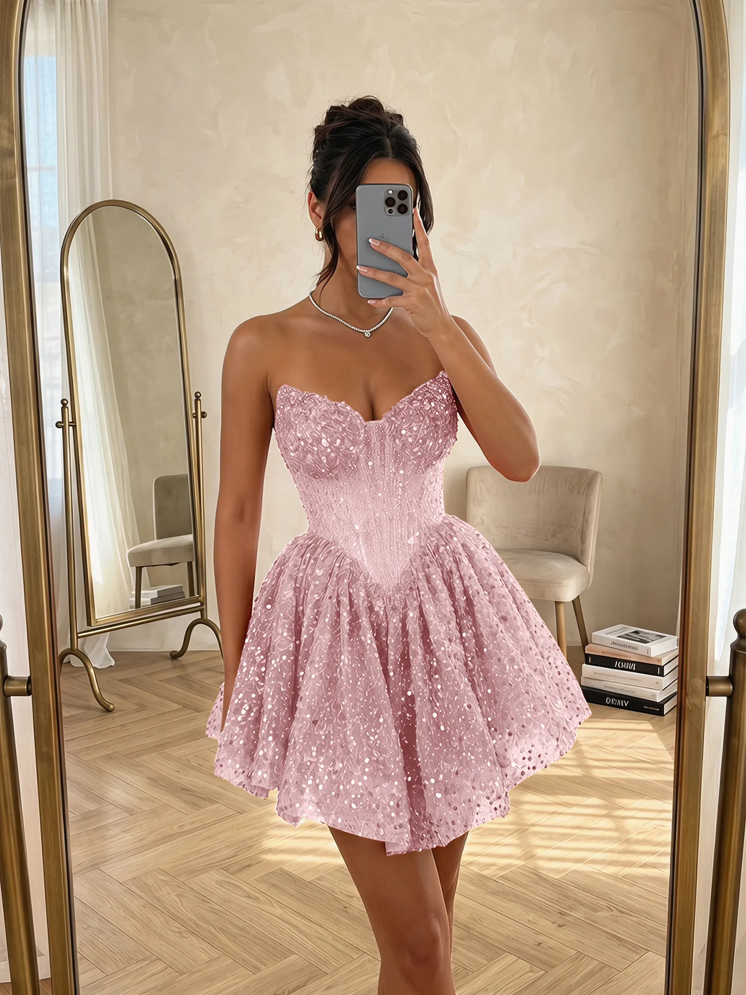 Strapless Sequin Pearl Corset Homecoming Dress with Lace-Up Back
