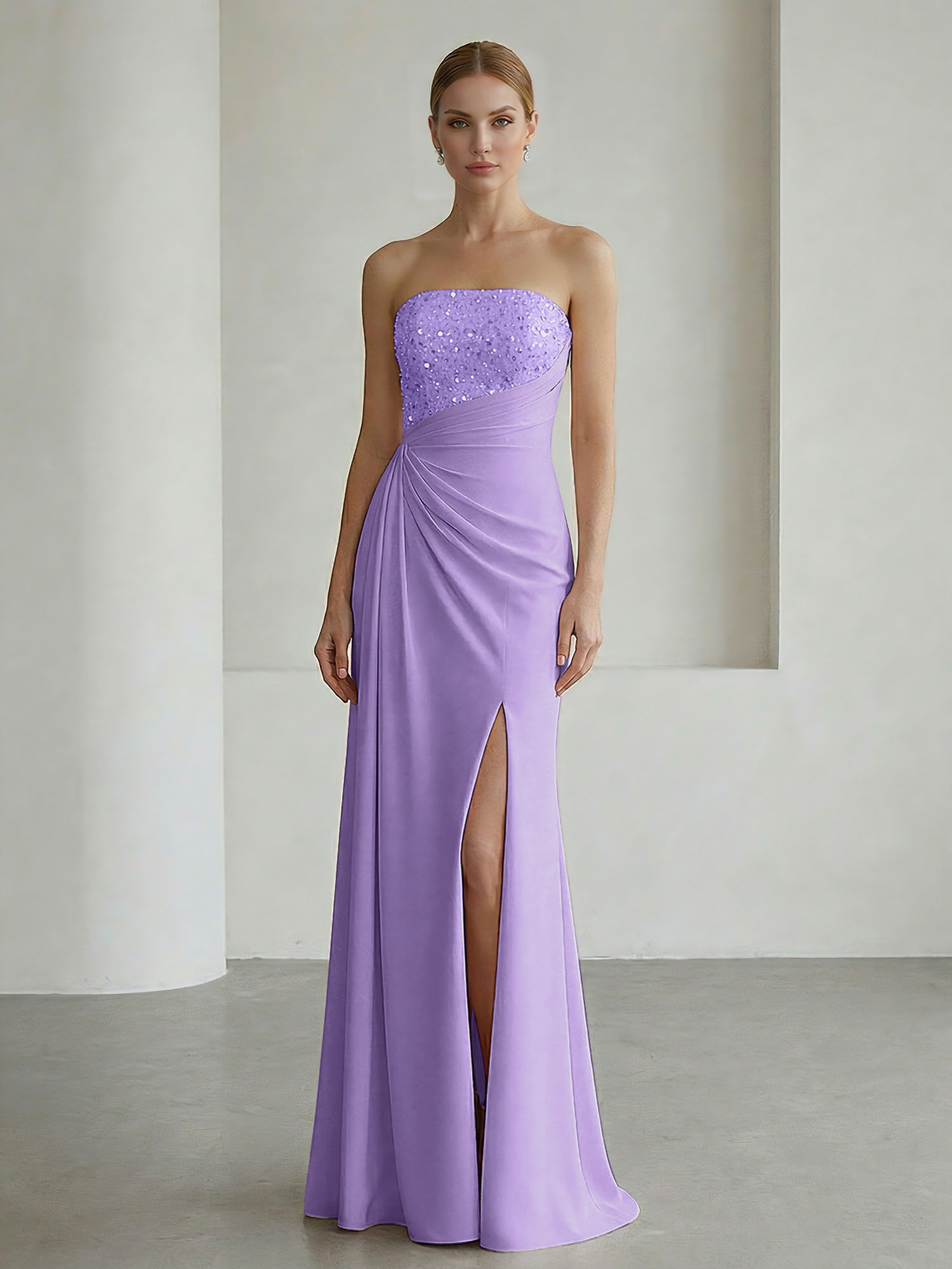 Glamorous Formal Evening Dress Soft Blush Beaded Strapless Slit Gown