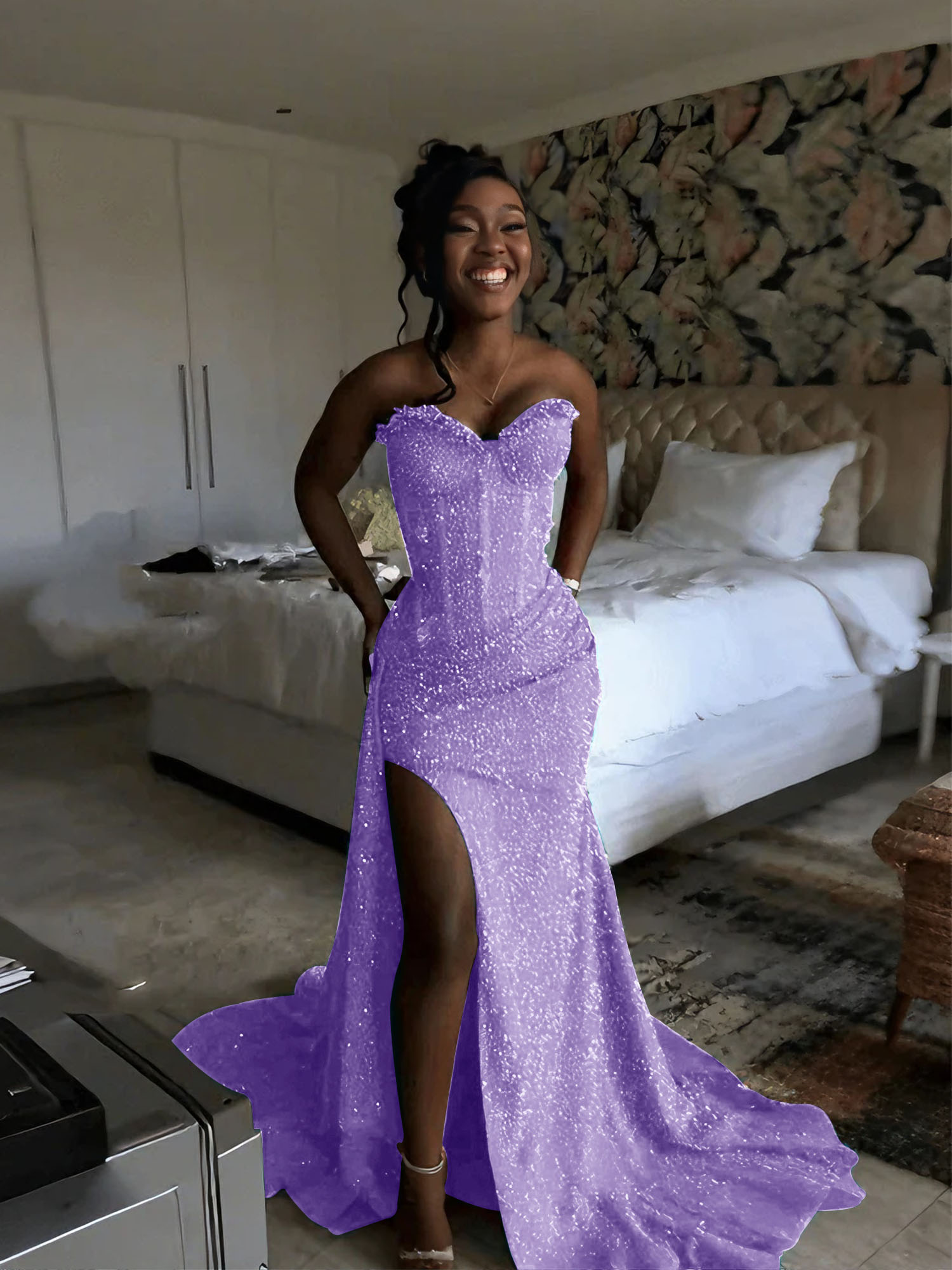 Glitter Strapless Mermaid Sequined Long Prom Dress with Slit