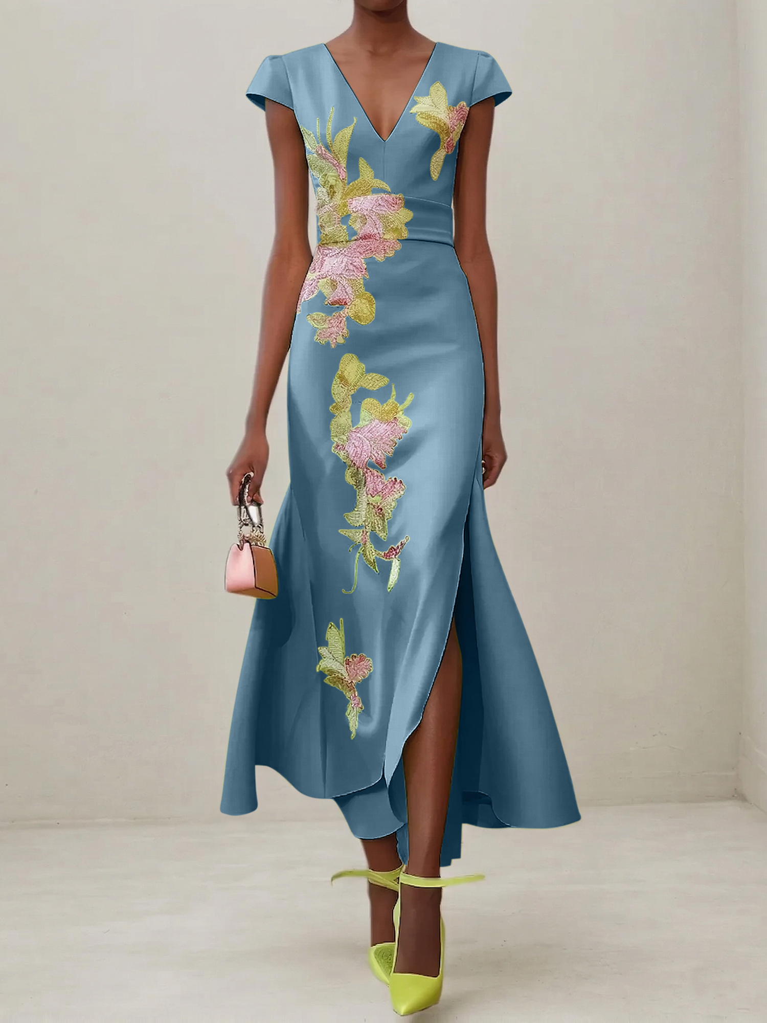 Elegant V-Neck Cap Sleeve Satin Midi Gown with Floral Embroidery & High Slit