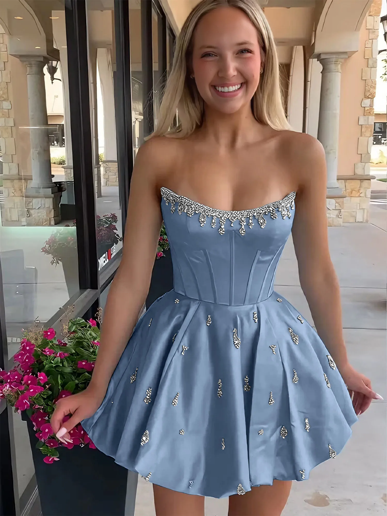 Strapless Beaded Corset Lace-Up Back Satin Homecoming Dress