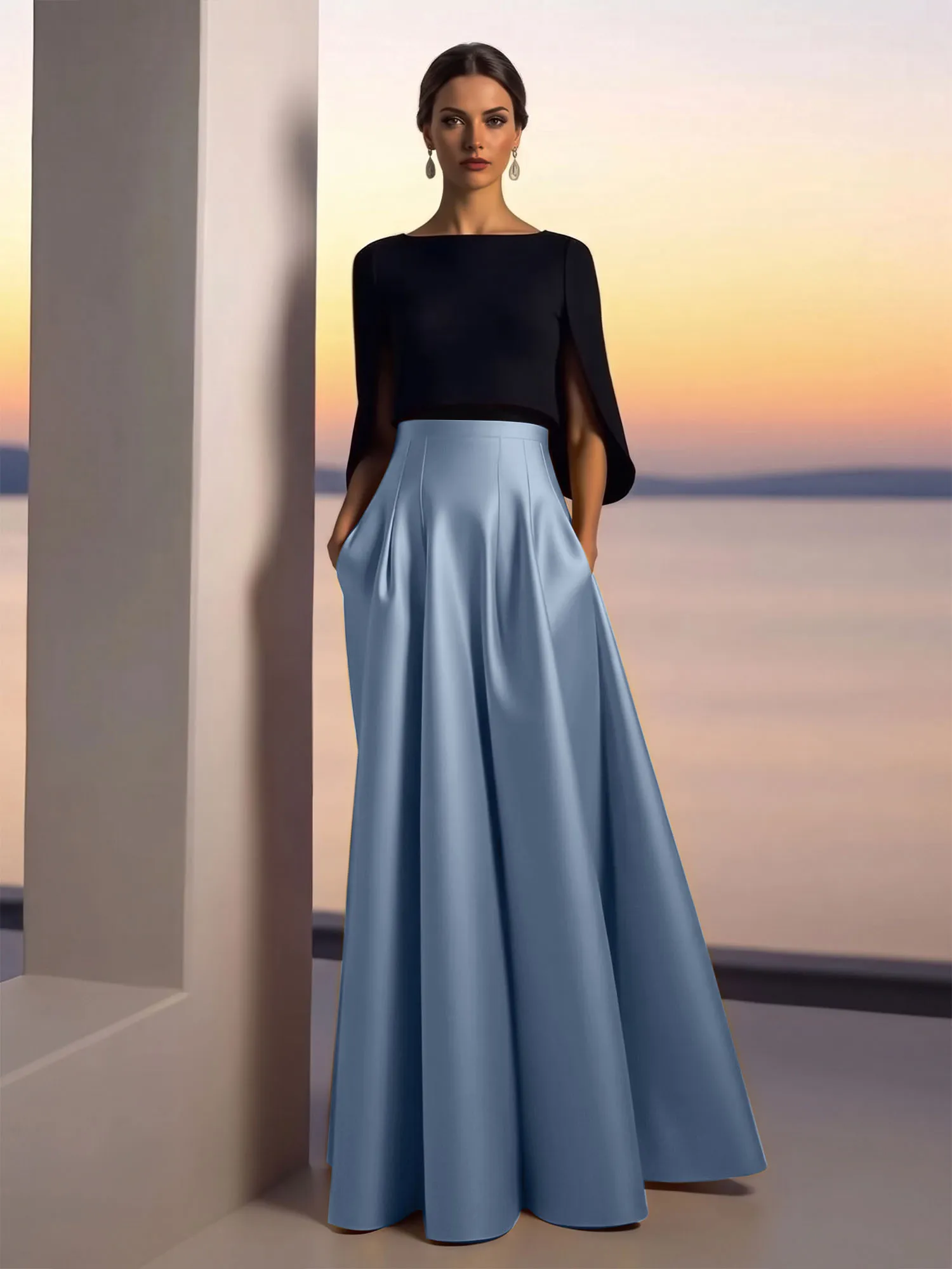 Two-Piece Cape Sleeve Satin Ball Gown Evening Dress