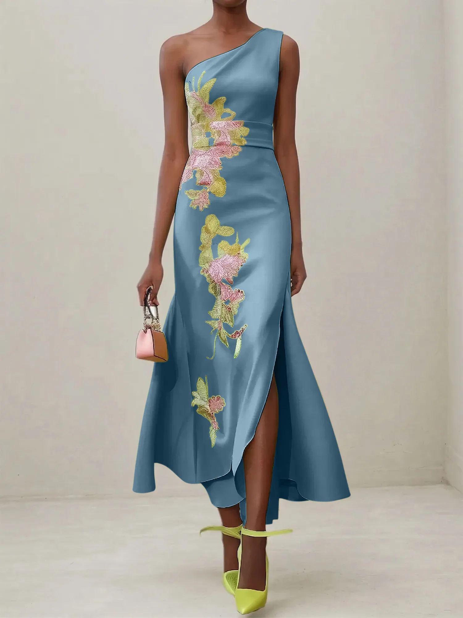 Elegant One Shoulder Cap Sleeve Satin Midi Gown with Floral Embroidery & High Slit