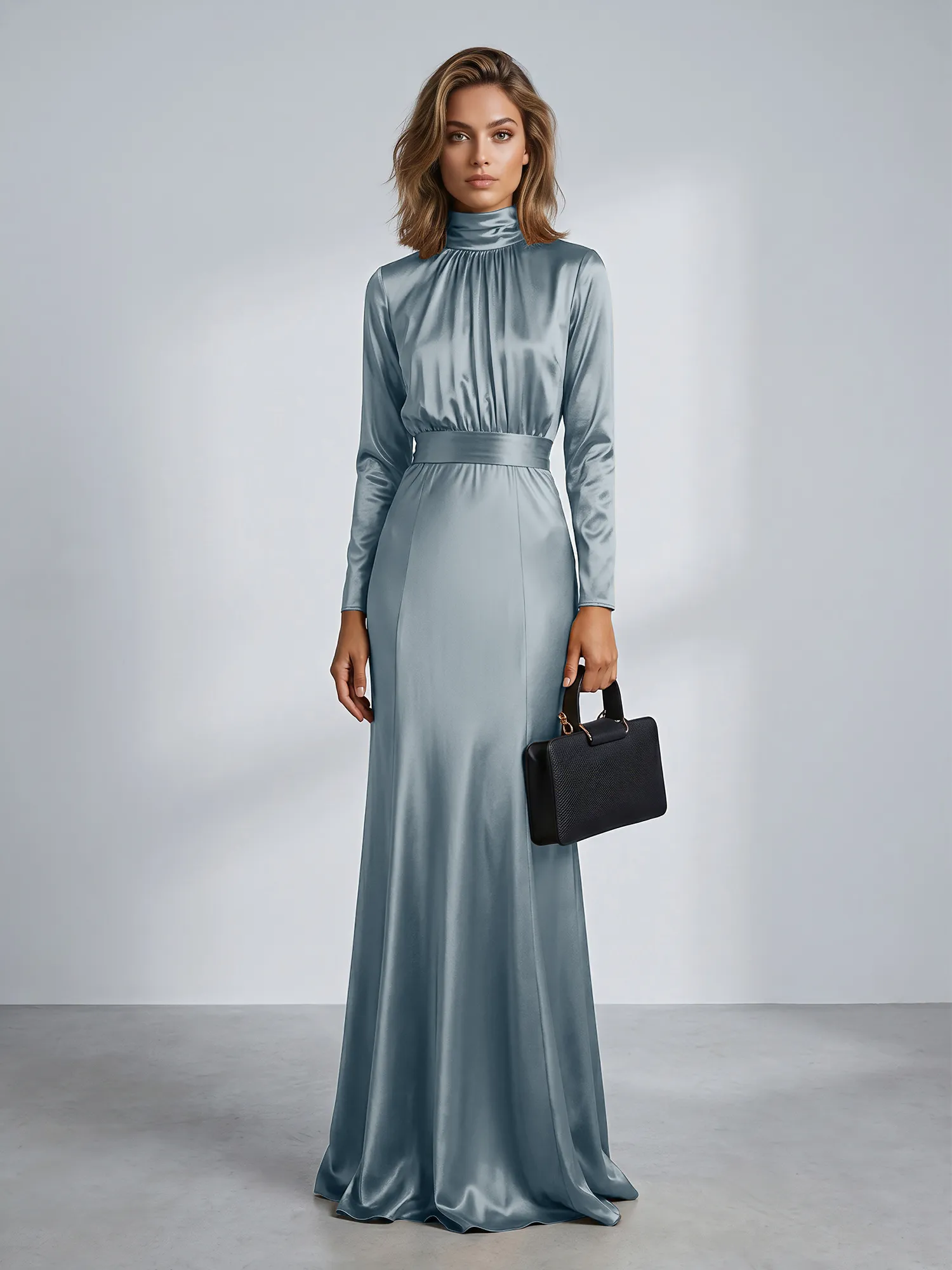 High Neck Long Sleeve Satin Mermaid Evening Gown with Waist Sash