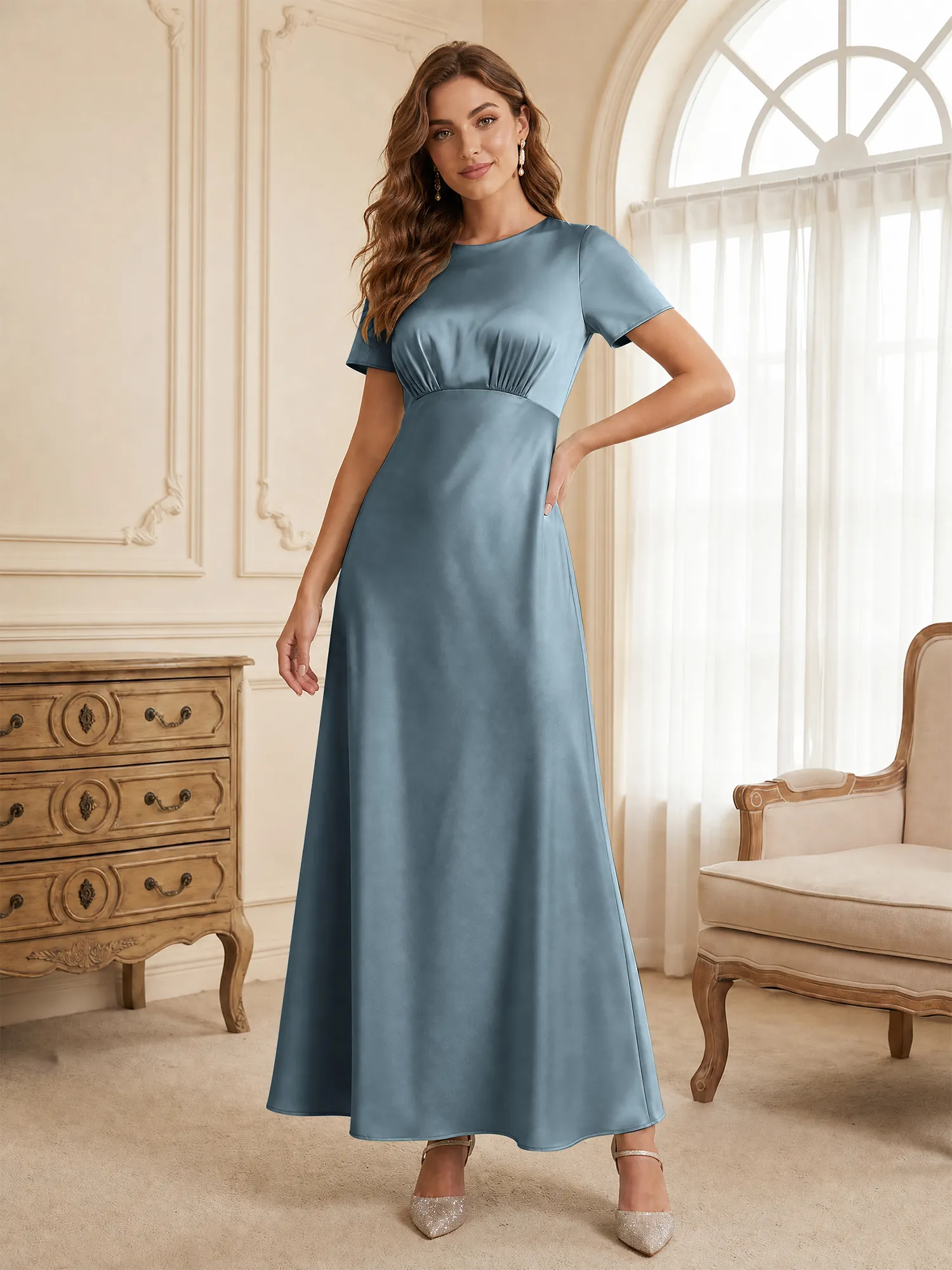 Round Neck Short Sleeve Satin Bridesmaid Dress