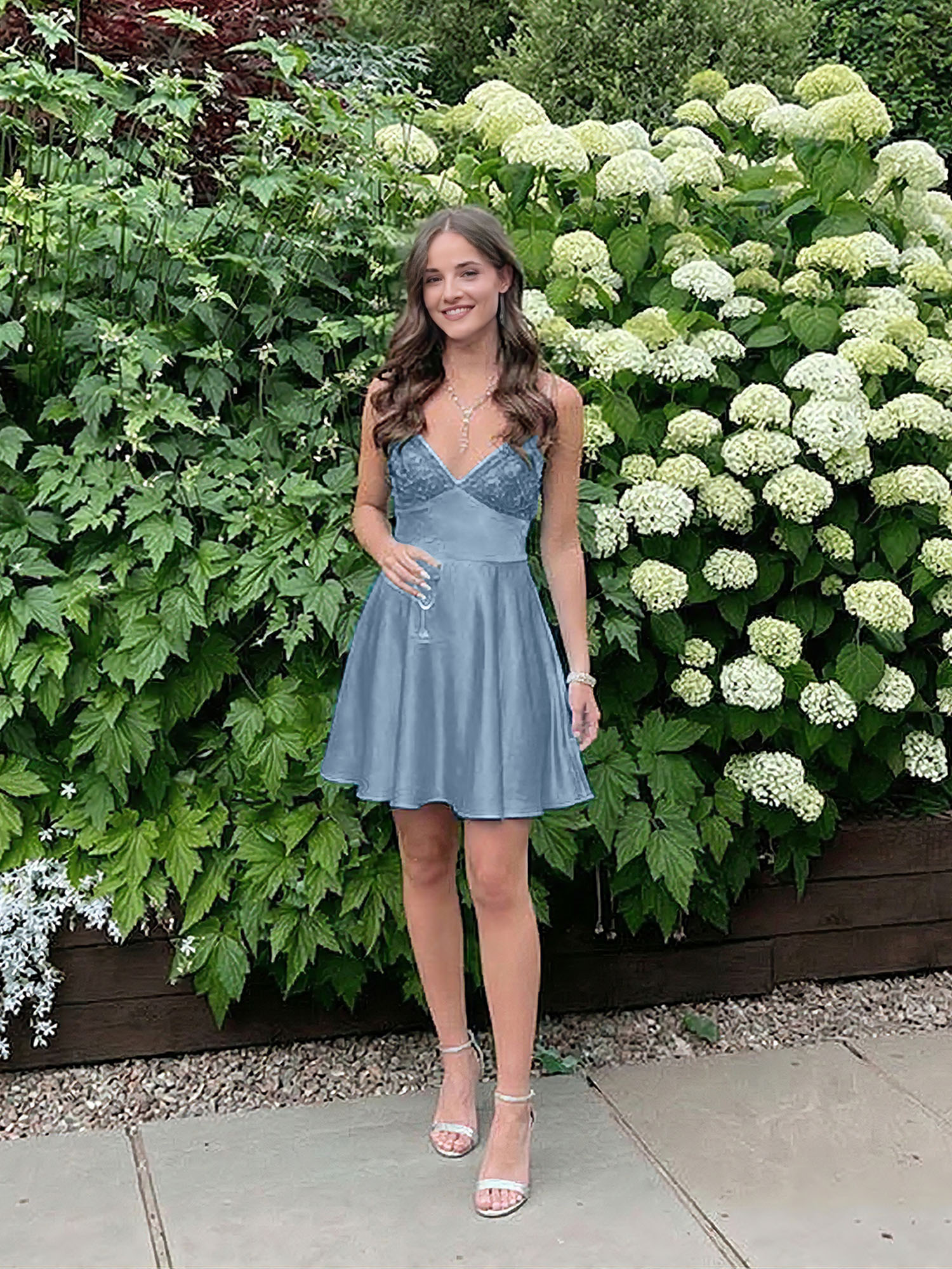 Blue A Line V-neck Beaded Back Tie Short Homecoming Mini Dress
