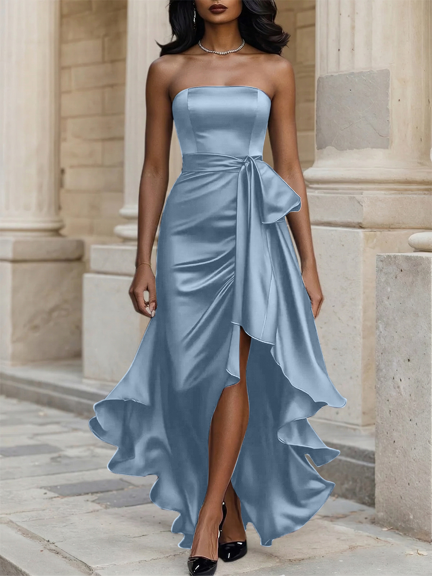 Glamorous Formal Dress Midnight Navy Strapless High-Low Satin Gown Midi Dress