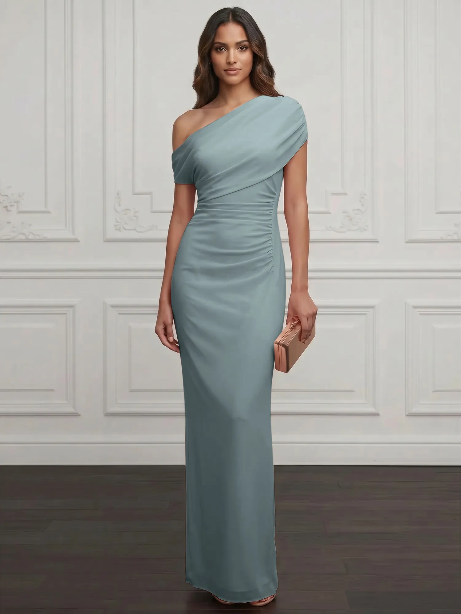 One-Shoulder Draped Chiffon Evening Gown