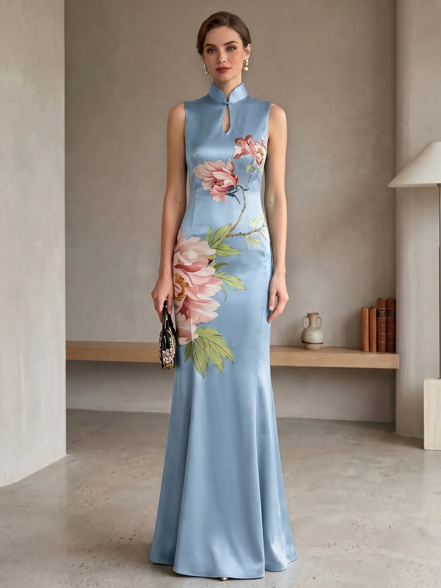 Satin Qipao-Inspired Floral Mermaid Evening Gown