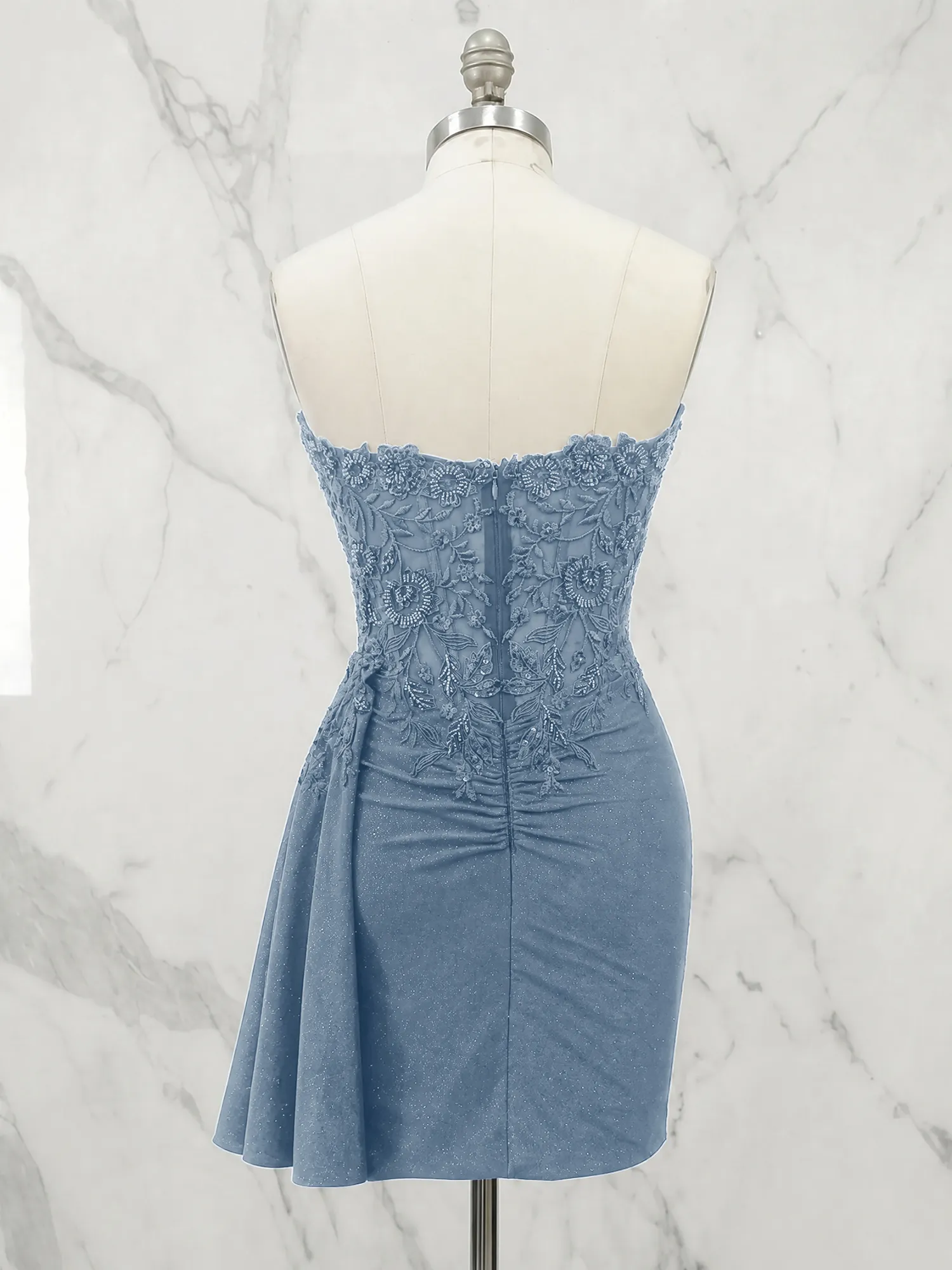 Strapless Lace Appliqué Glitter Homecoming Dress with Side Drape