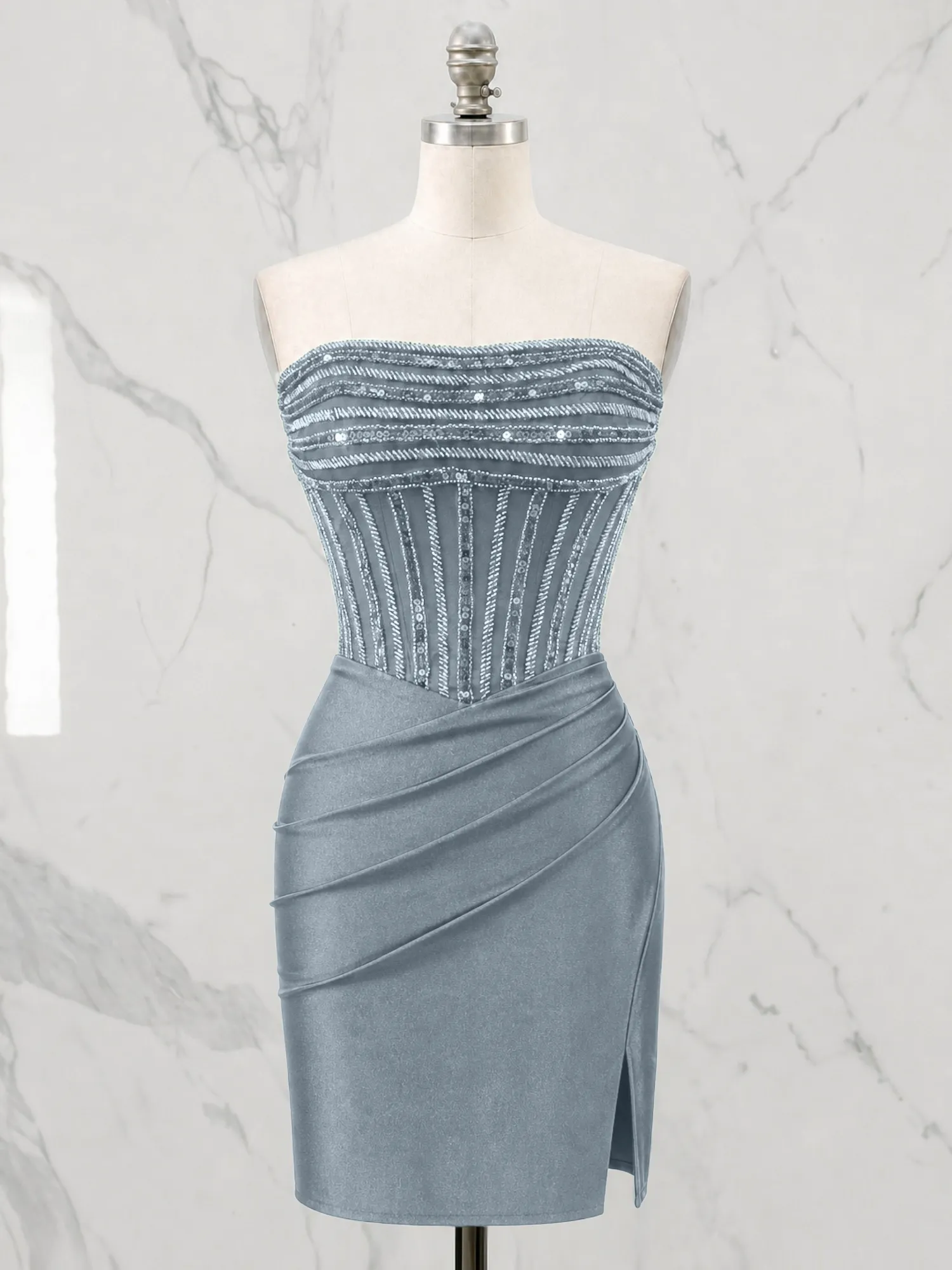 Strapless Beaded Corset Homecoming Dress with Ruched Skirt