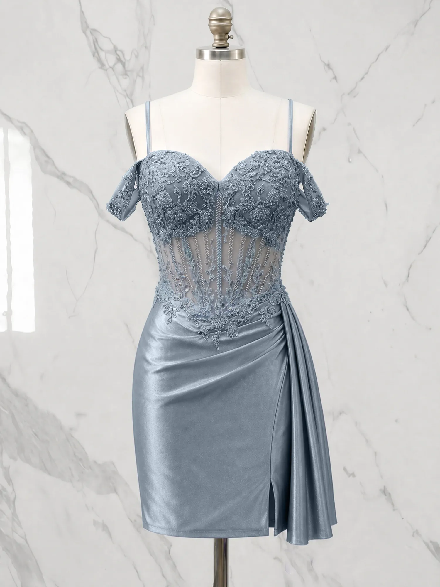 Off-the-Shoulder Lace Corset Homecoming Dress with Draped Skirt