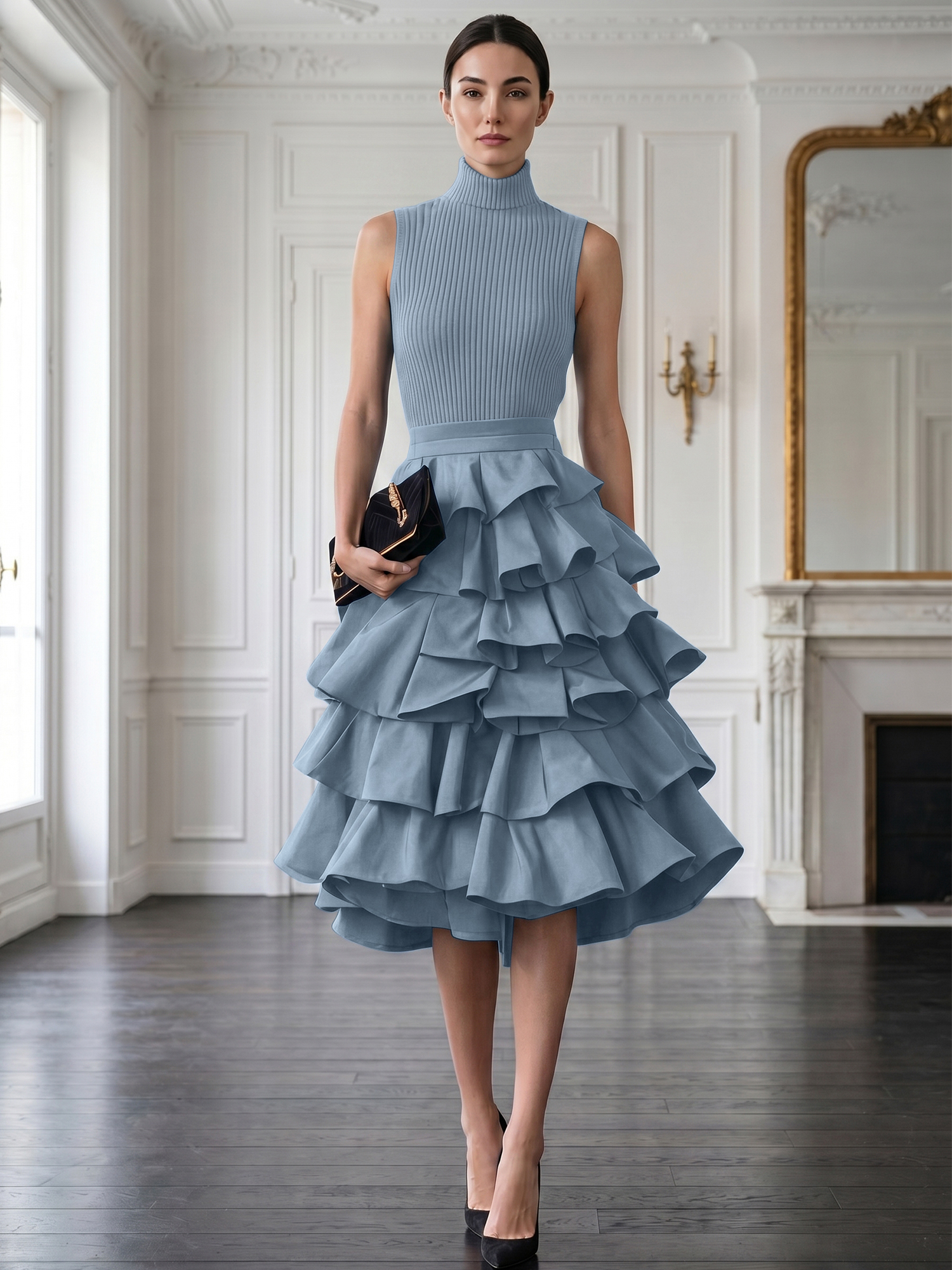 Avant-Garde Black High-Neck Tiered Ruffled Evening Gown