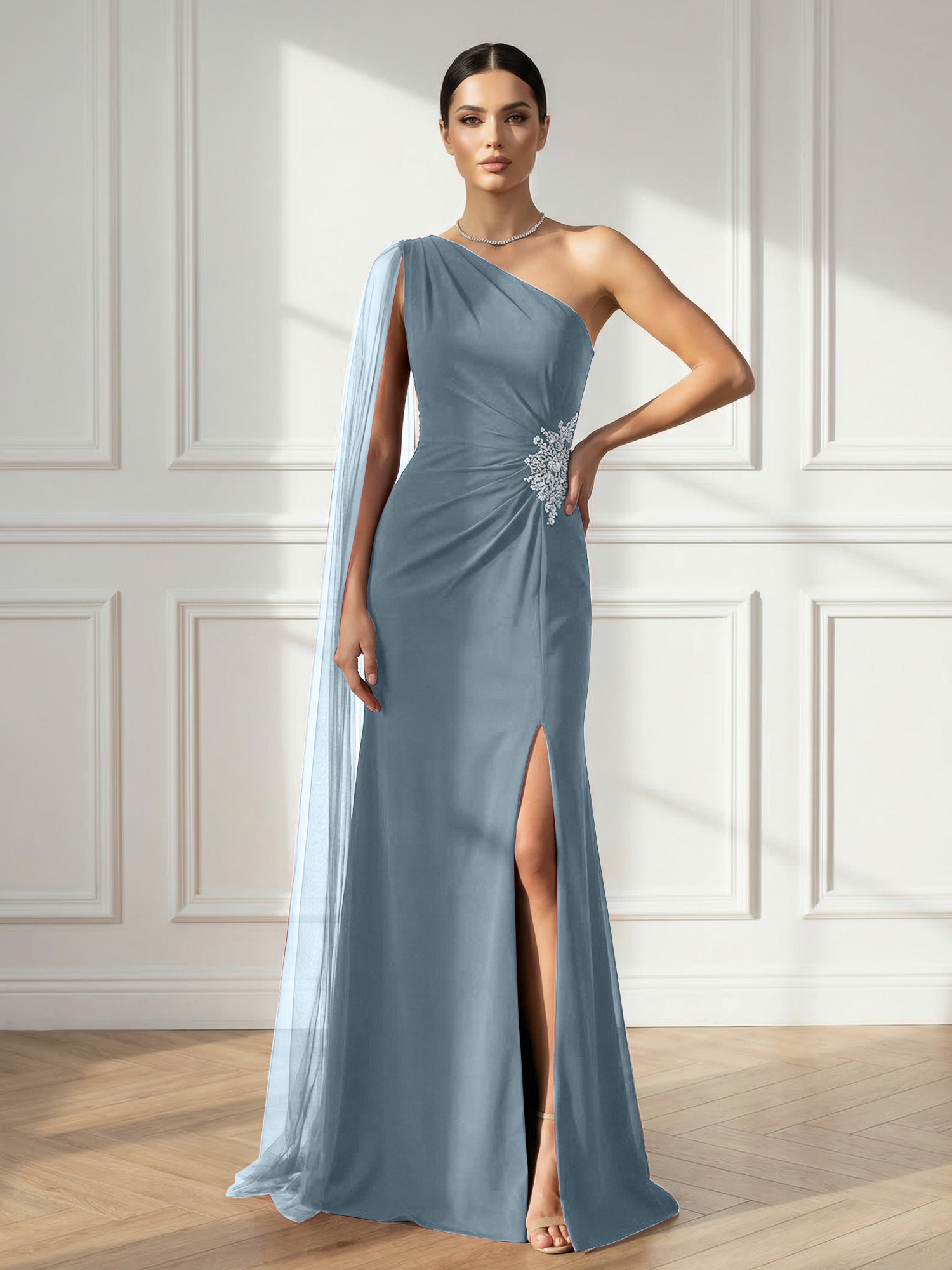 Formal Evening Dress Burgundy One Shoulder Slit Maxi Dress Gown