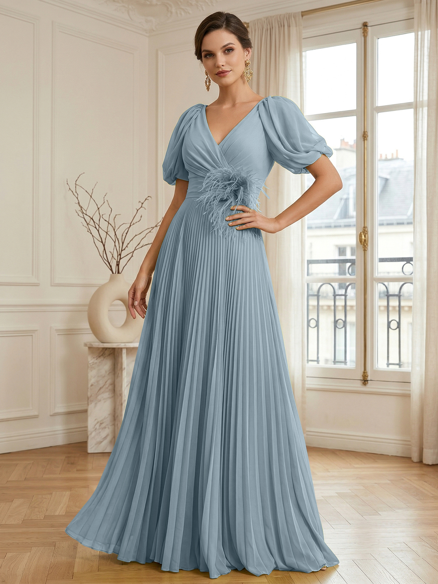 A-Line Chiffon Evening Gown with Feather V-Neck Short Sleeves Formal Dress