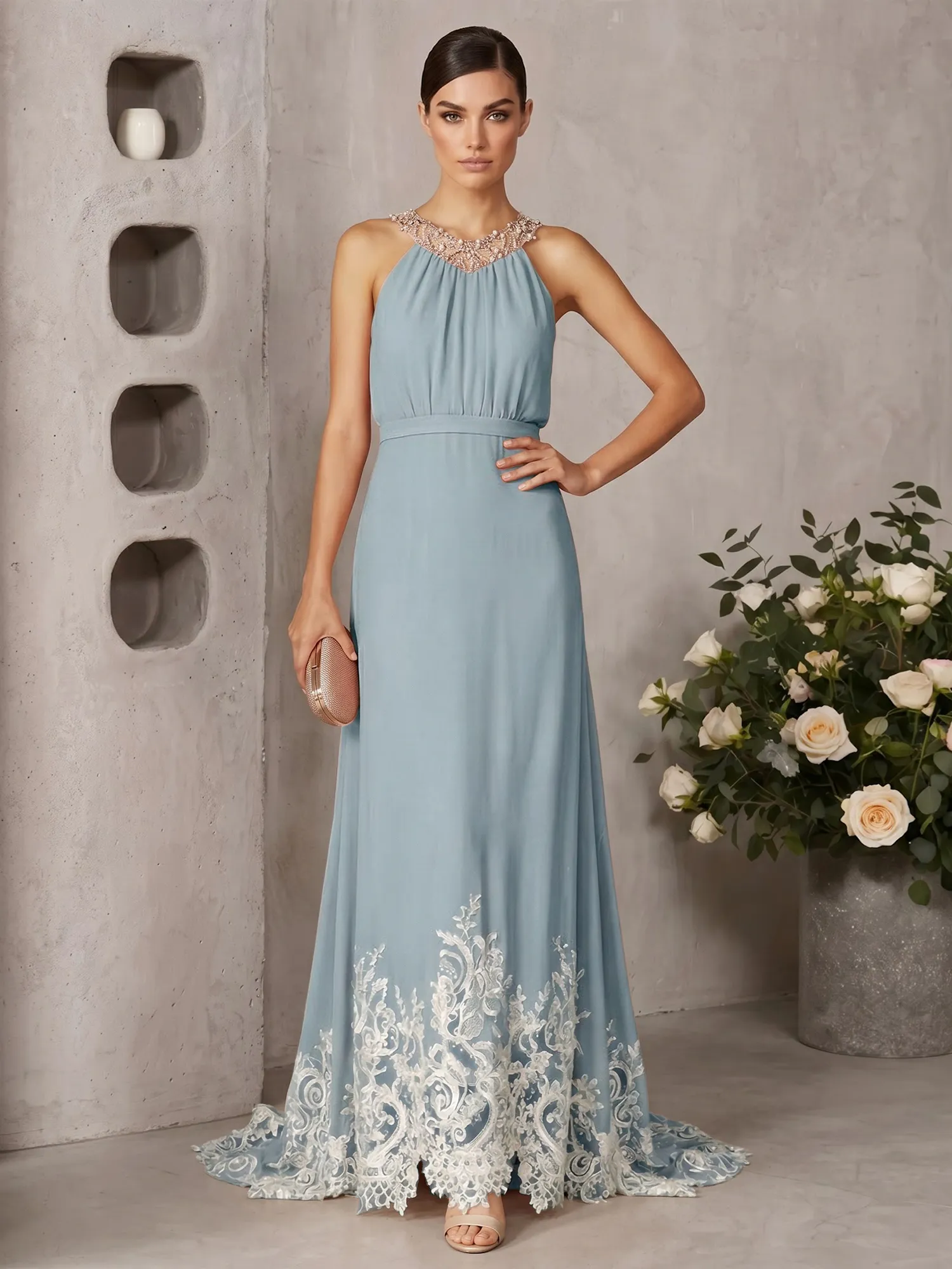 Halter Neck Beaded Chiffon Gown with Lace Hem