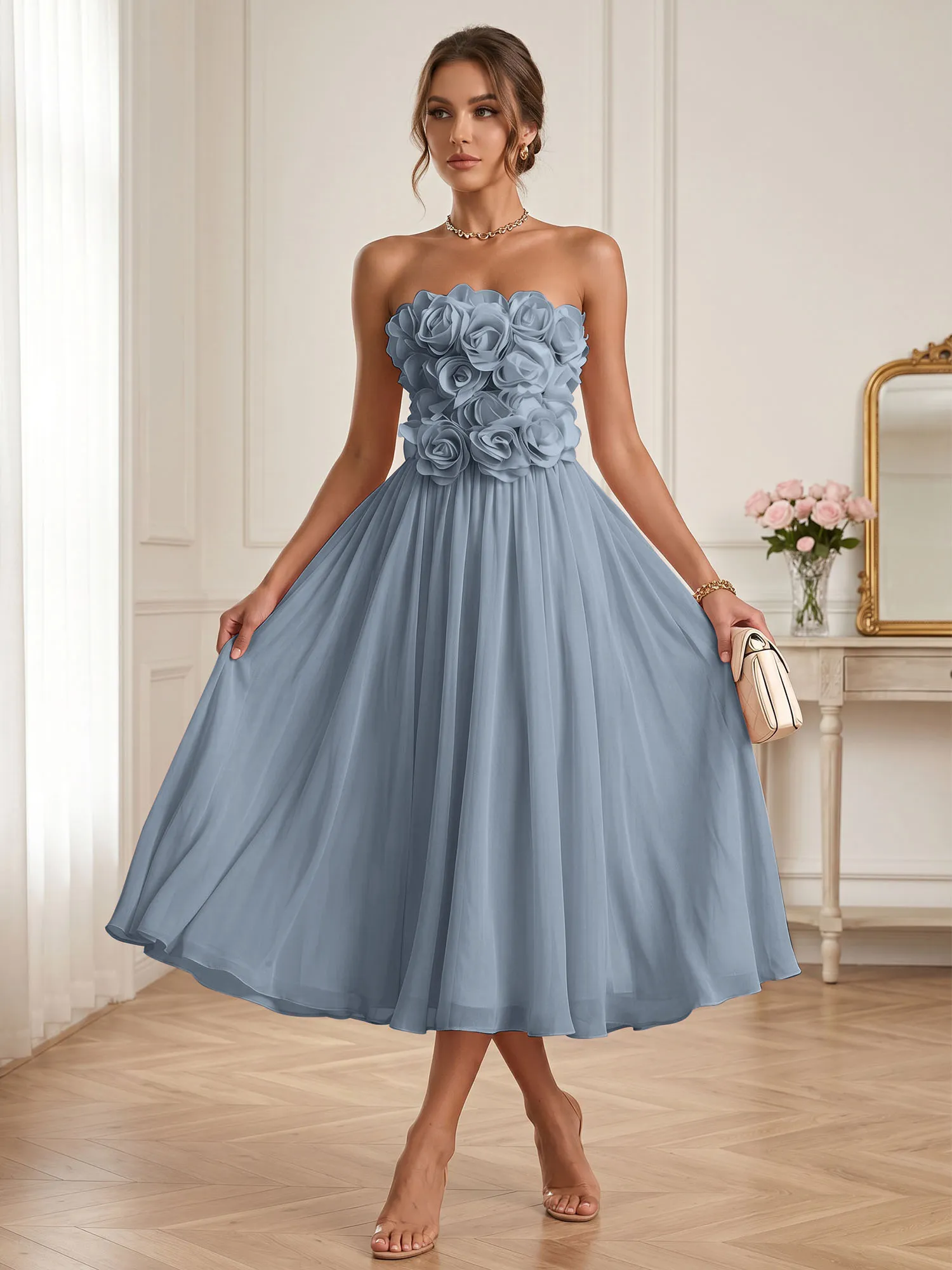 Strapless 3D Floral Chiffon A-Line Midi Formal Dress