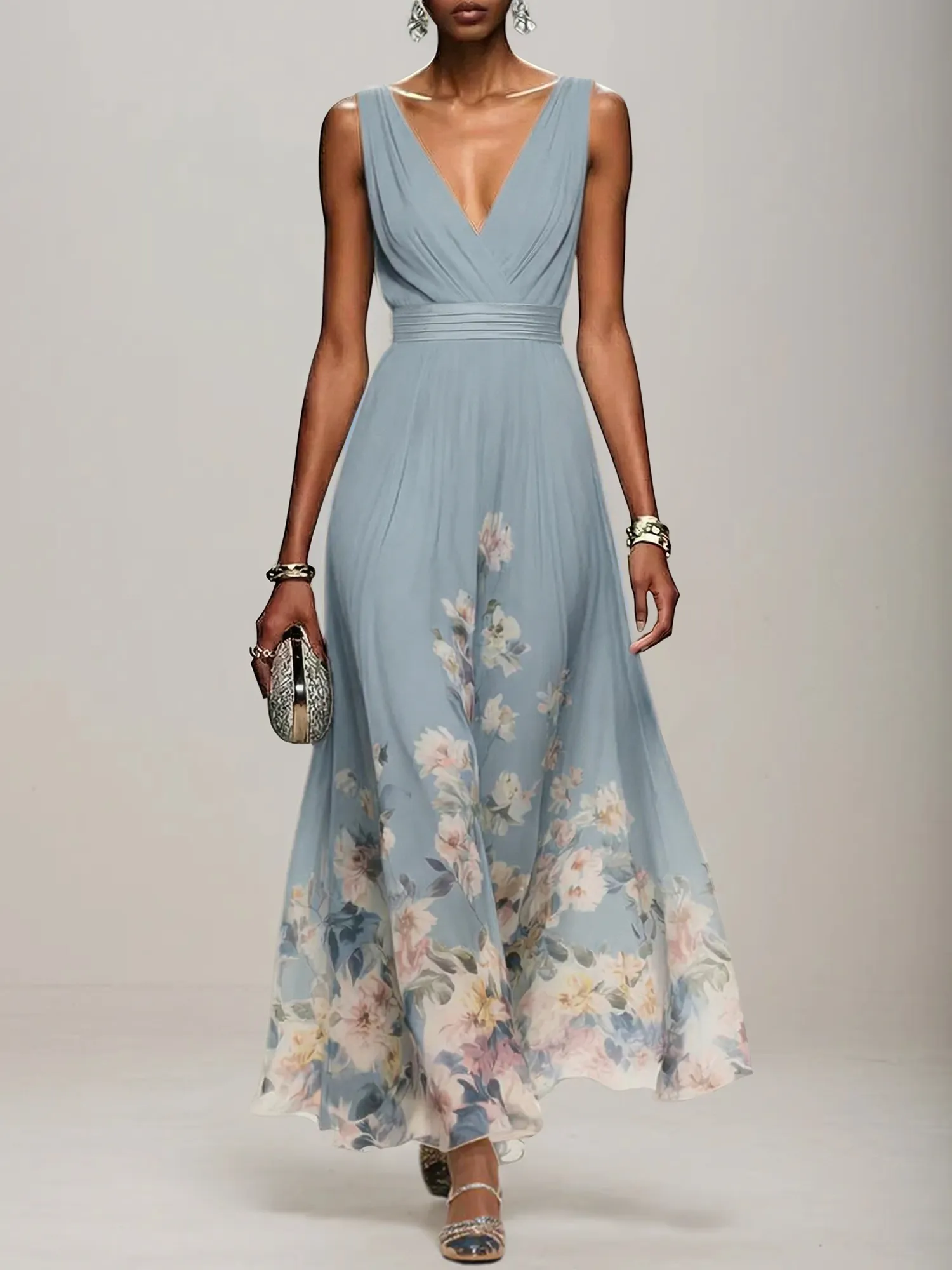 V-Neck Floral Print Chiffon Maxi Evening Dress with Satin Waist Bow