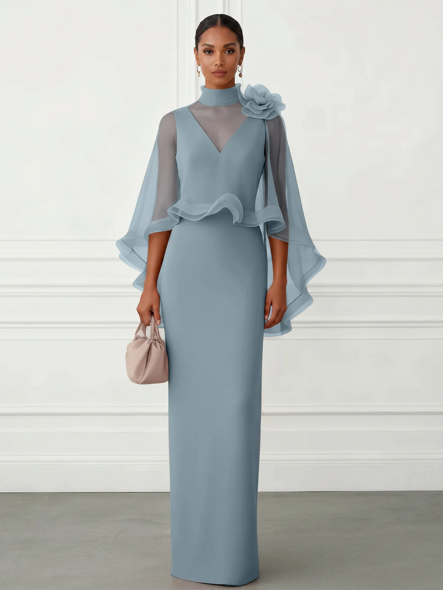 High-Neck Chiffon Cape Sleeve Sheath Evening Gown