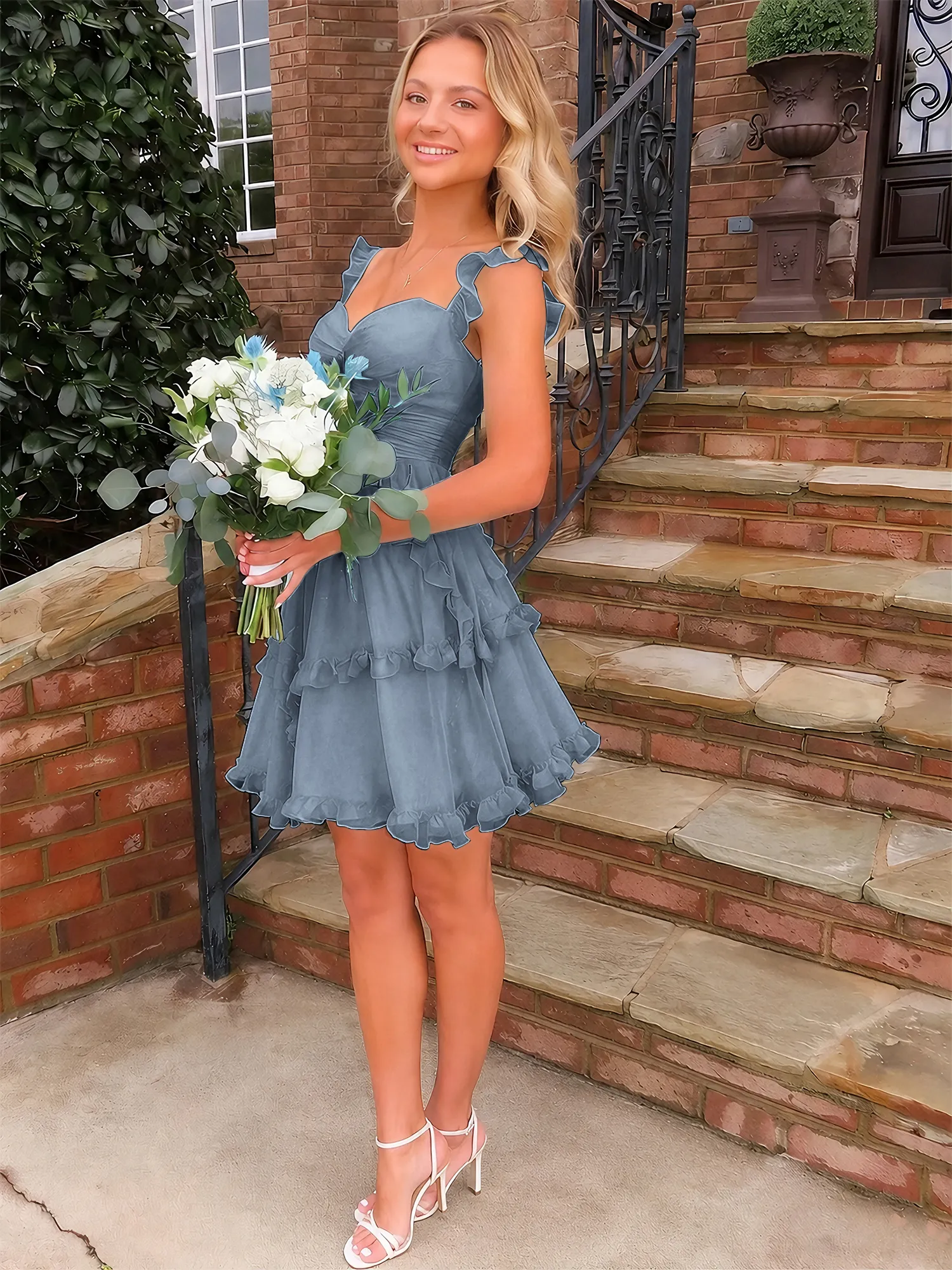 A Line Ruffled Tiered Chiffon Homecoming Dress with Lace-Up Back