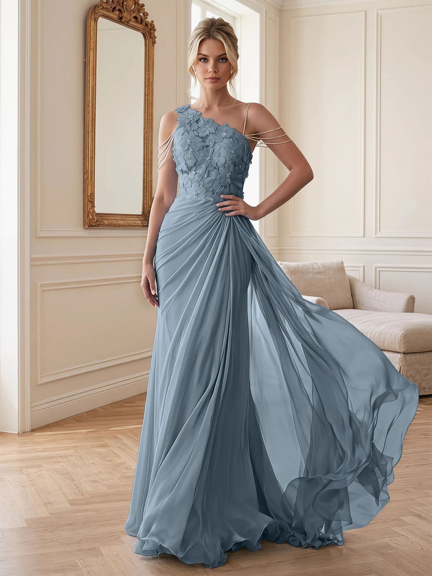 One-Shoulder Floral Lace Chiffon Evening Gown