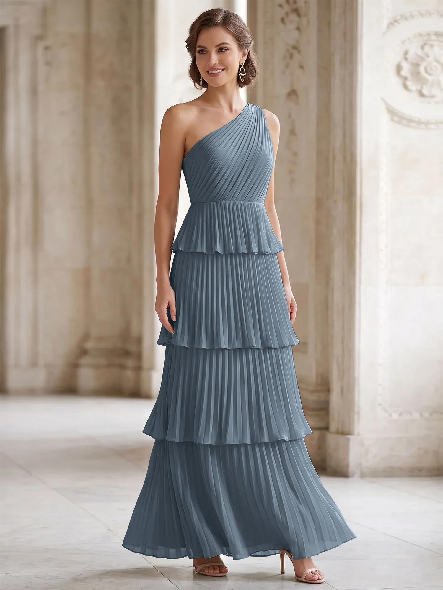 One-Shoulder Tiered Pleated Chiffon Evening Gown