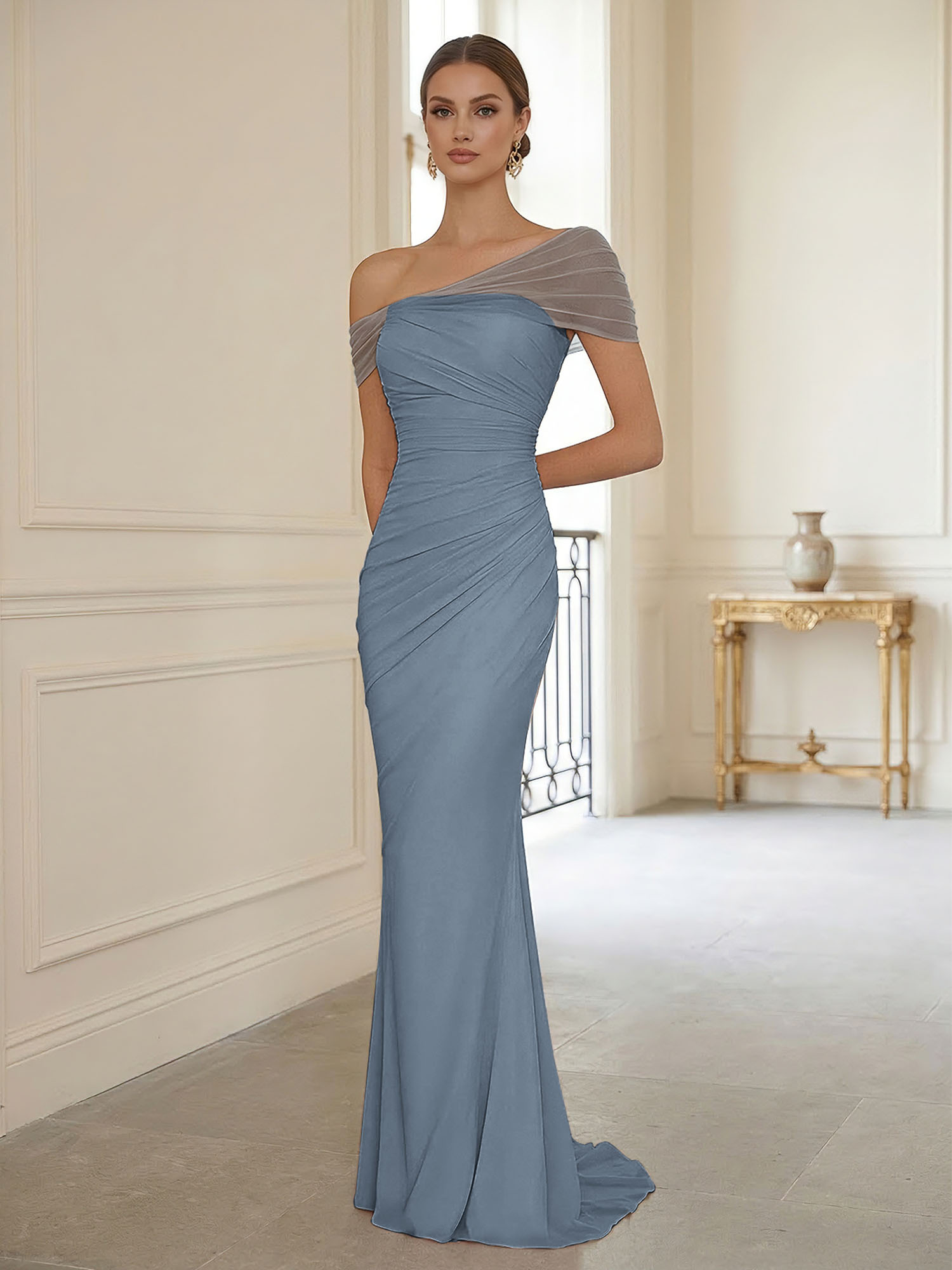 Sophisticated Blush Pink Asymmetrical Ruched Maxi Dress Evening Gown