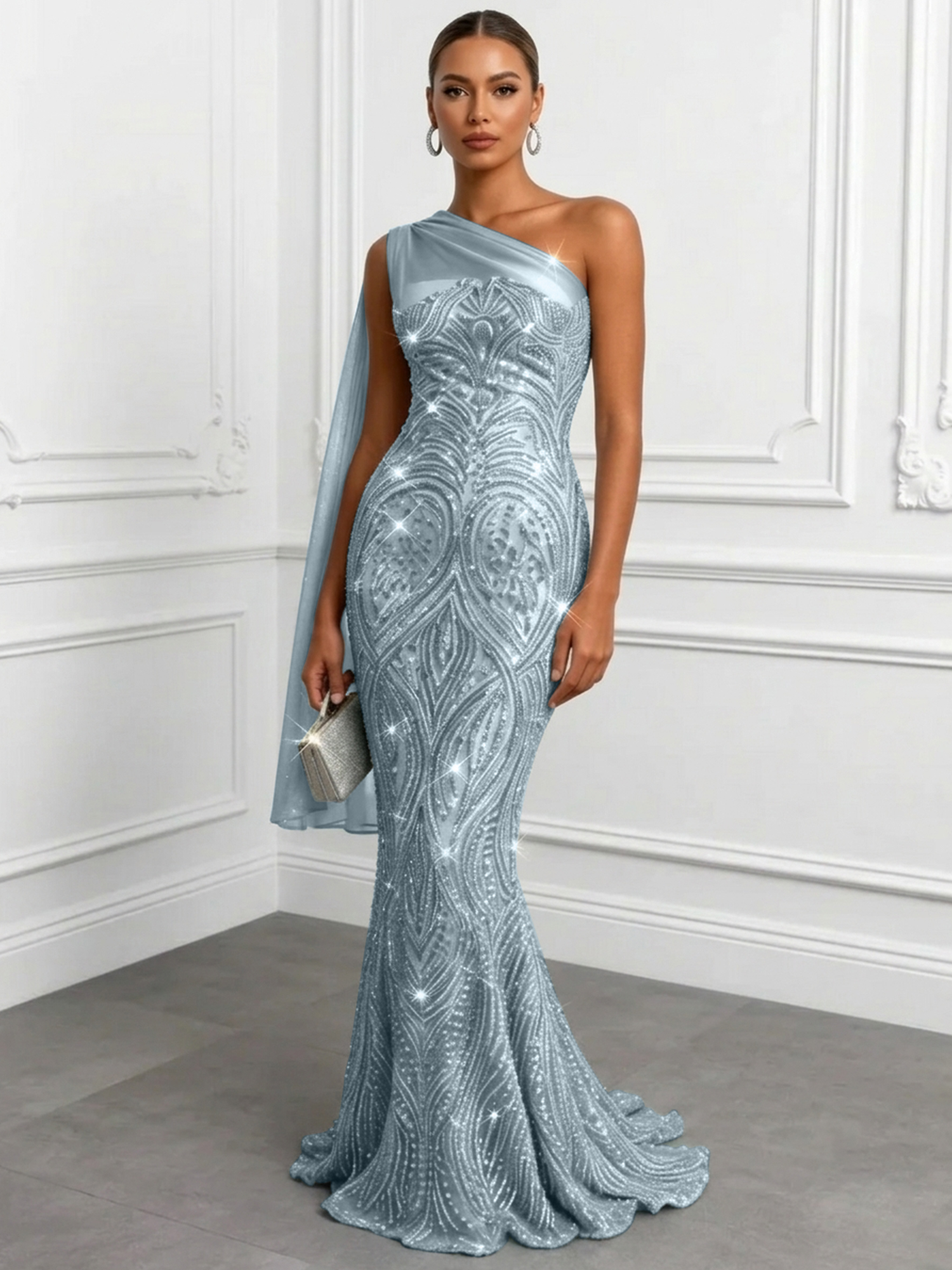 Shimmering Sage One-Shoulder Sequin Mermaid Evening Dress