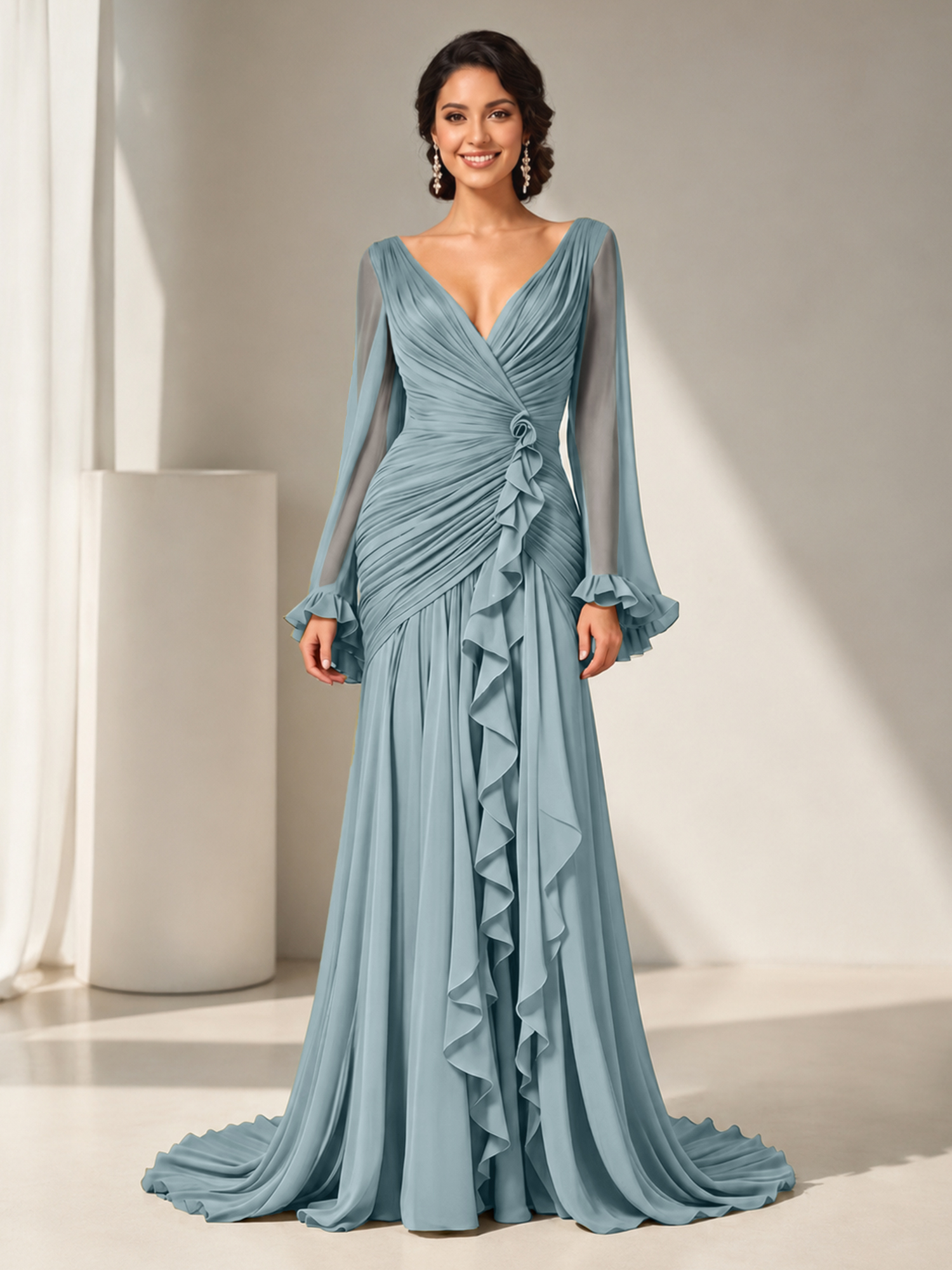 Grecian Olive Green Ruched Long-Sleeve Cascading Ruffle Formal Evening Dress