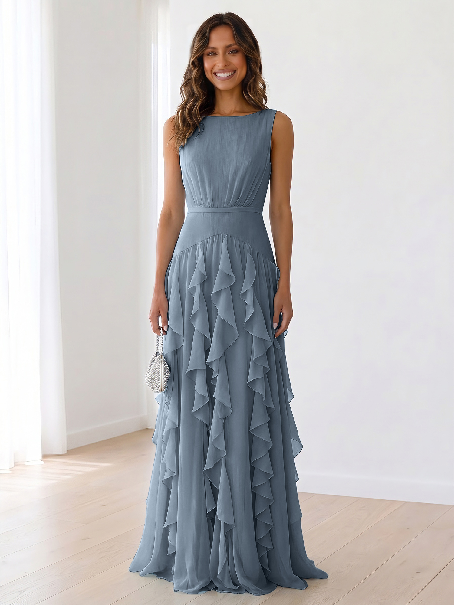 Ethereal Powder Blue Cascading Ruffle Maxi Formal Evening Dress