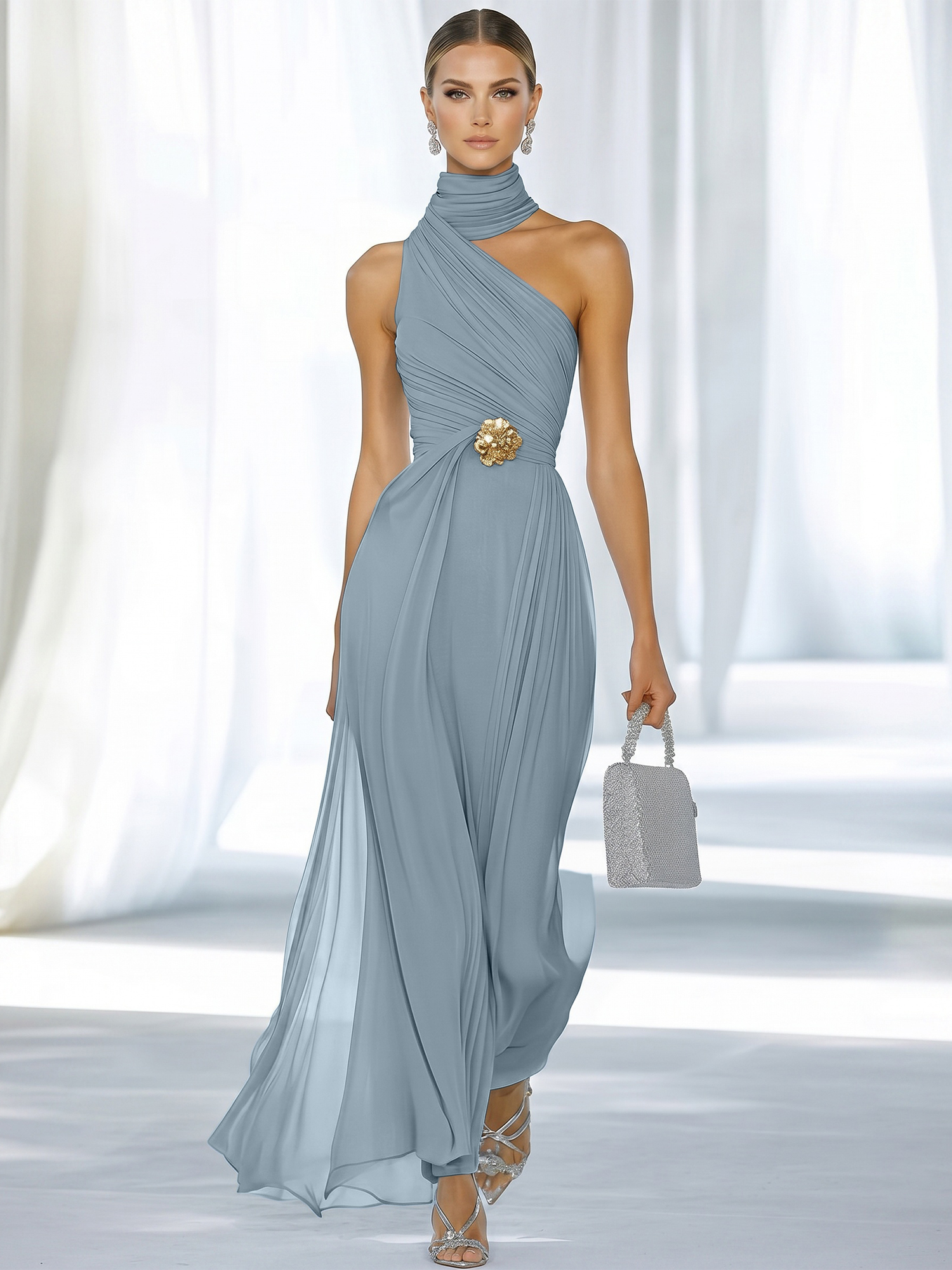 Sky Blue Pleated Chiffon Halter Strapless Formal Evening Dress