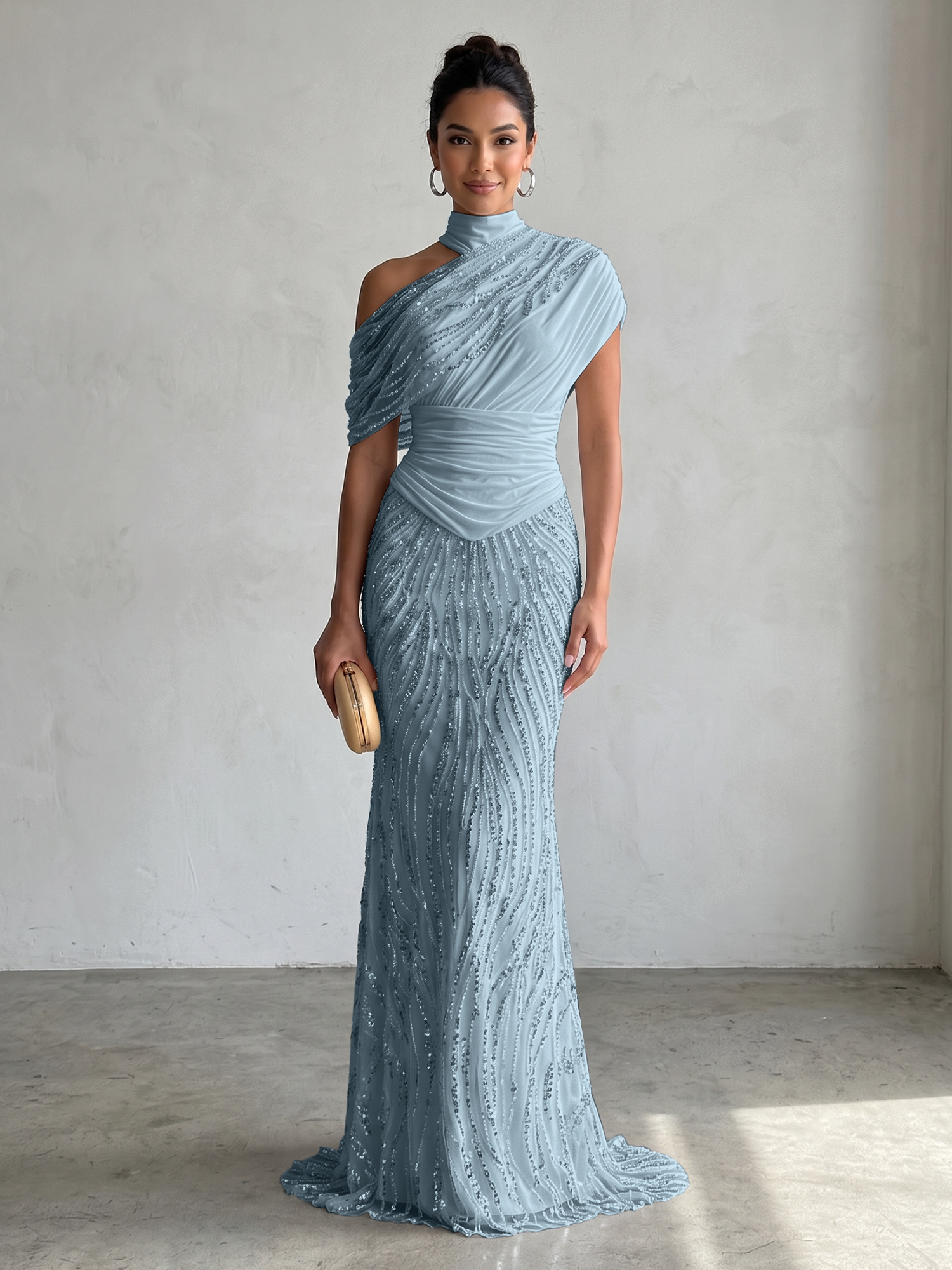 Ethereal White Beaded High-Neck Draped Sheath Formal Evening Dress