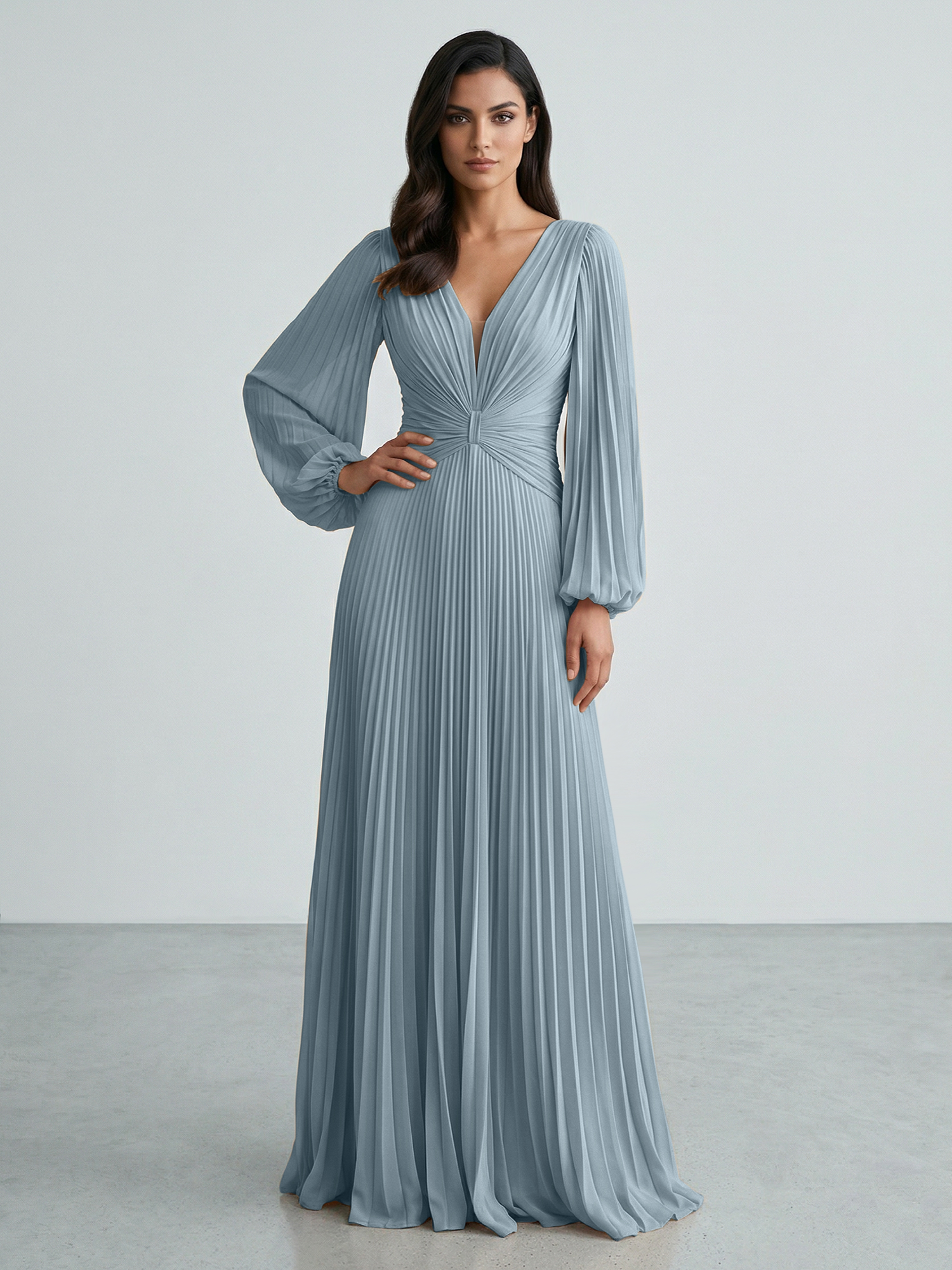 Slate Blue Plunging V-Neck Pleated Long Sleeve Maxi Dress Gown