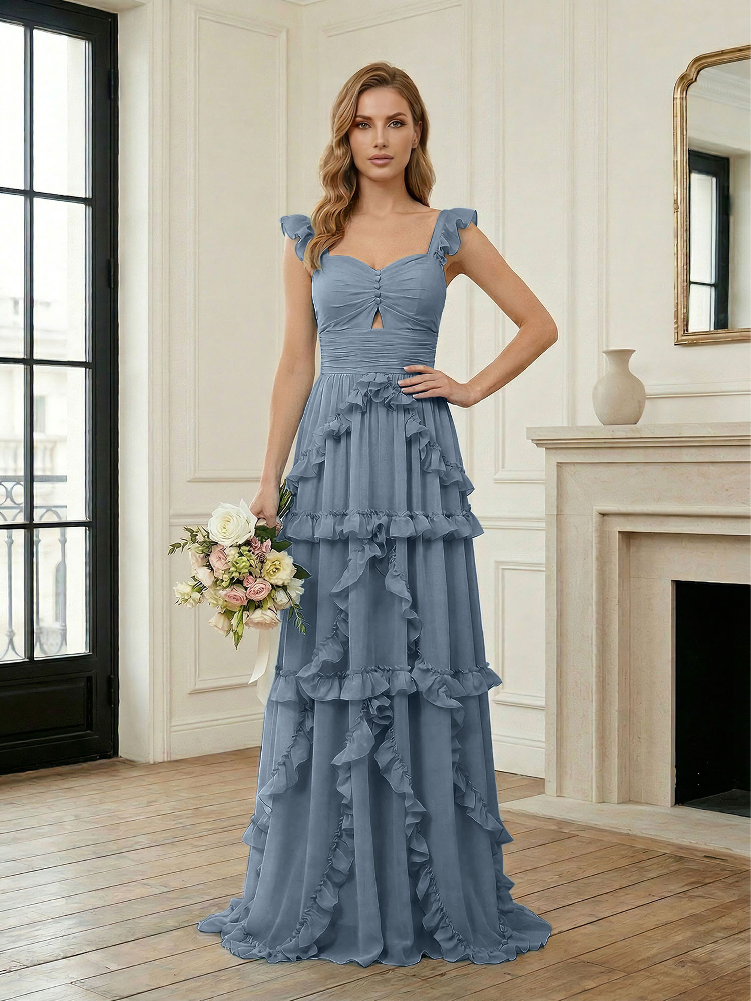 Ethereal Sky Blue Tiered Ruffle Chiffon Maxi Dress Gown