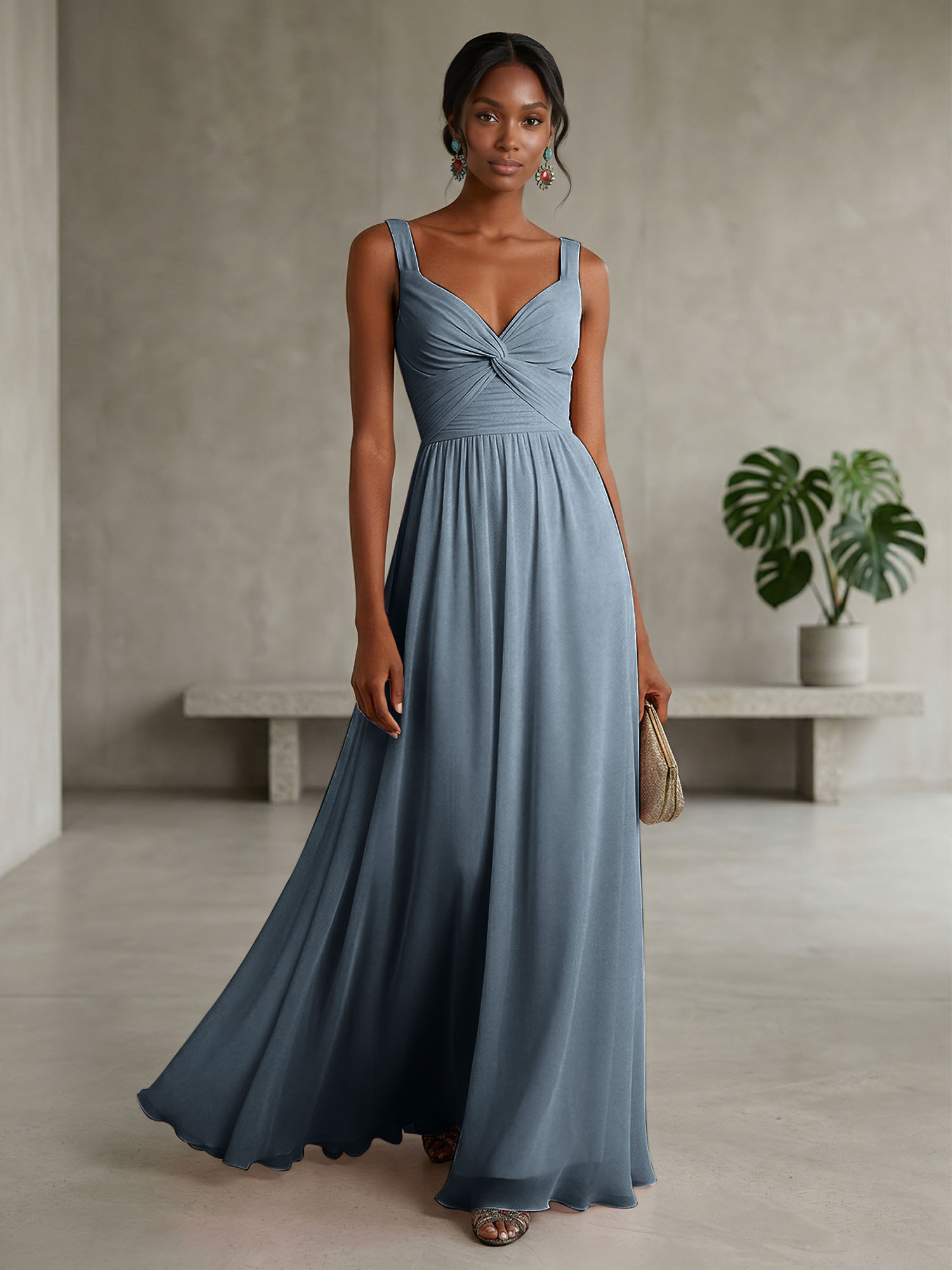 Elegant Soft Blush Twist-Front Chiffon Maxi Gown