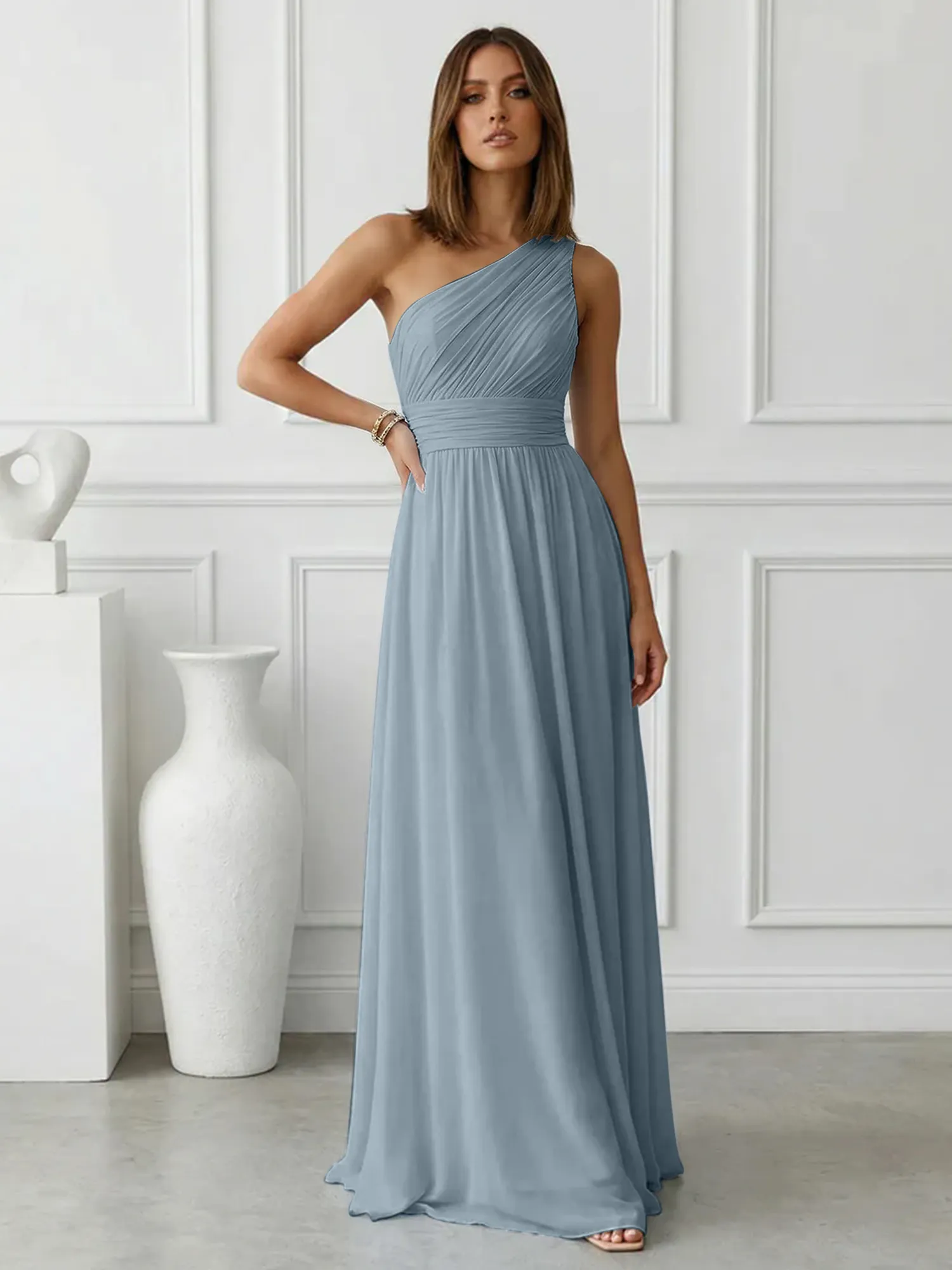 One-Shoulder Pleated Chiffon A-Line Evening Dress
