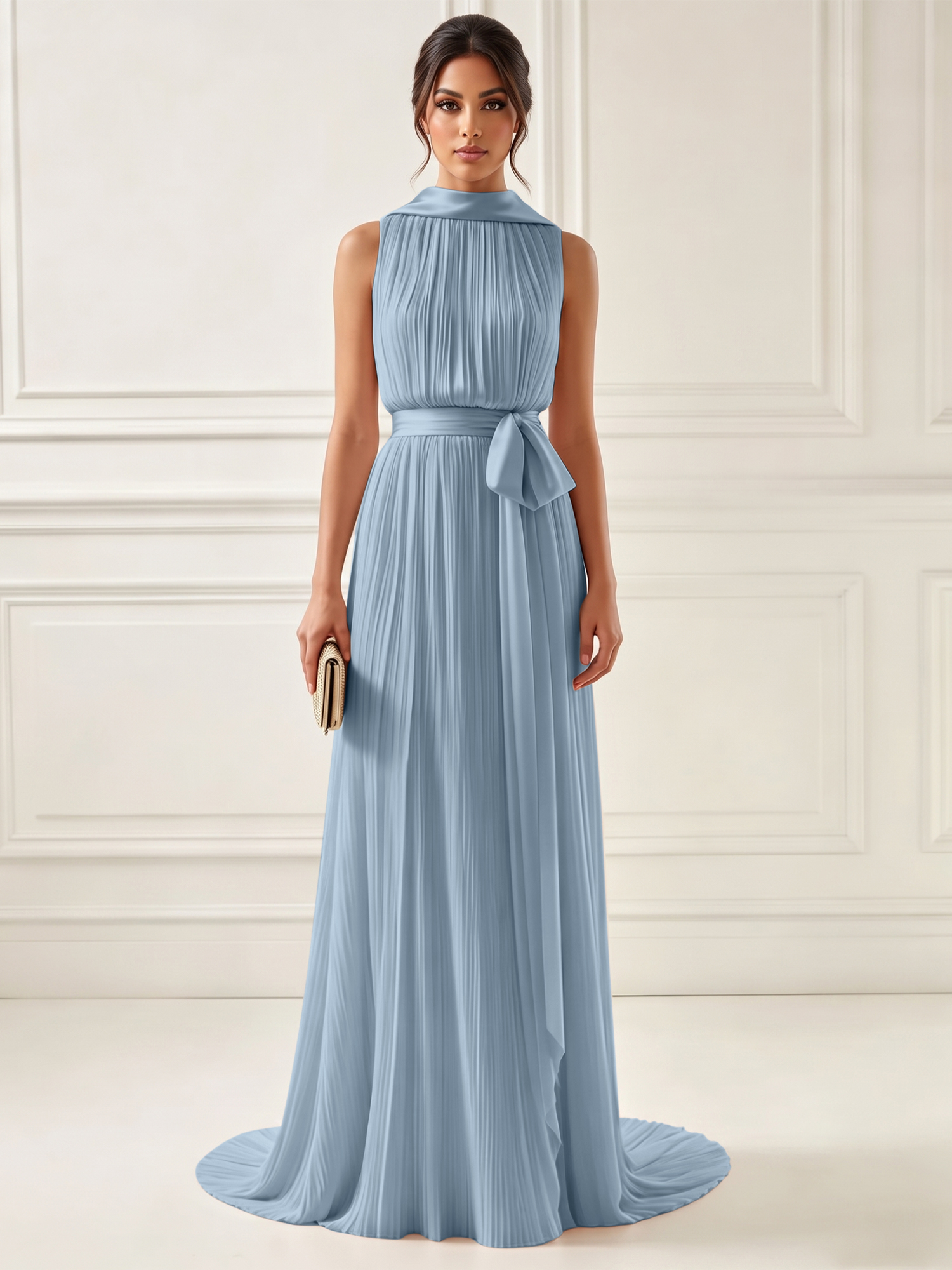Ethereal Pleated Pastel Pink High Neck Maxi Formal Evening Dress with Satin Sash