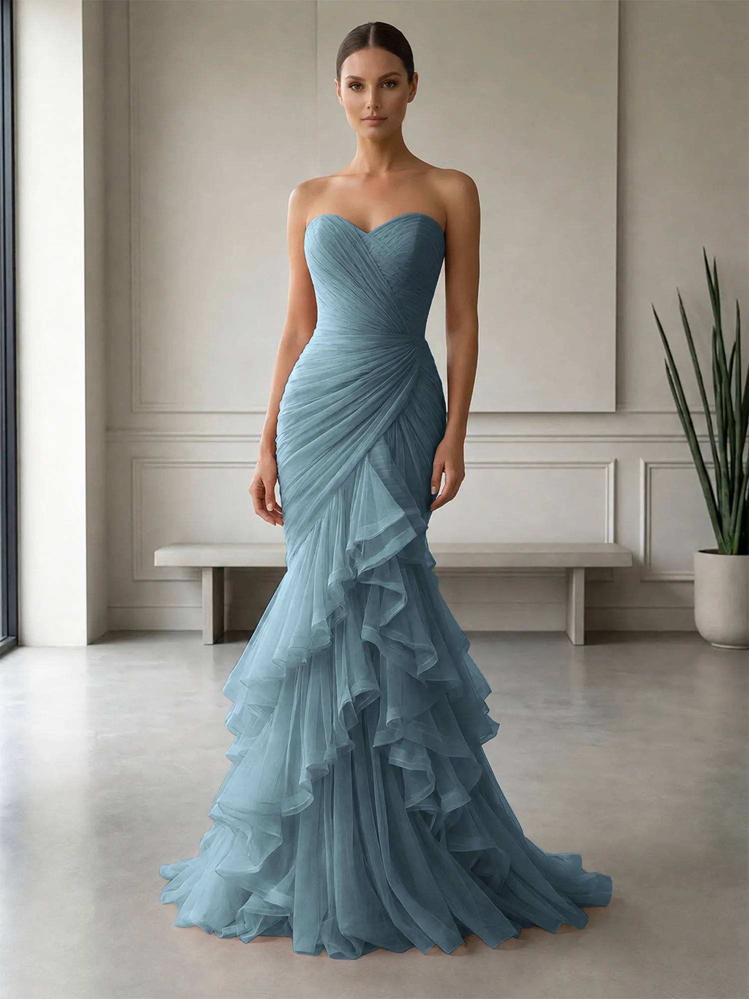 Strapless Ruched Tulle Mermaid Evening Gown Maxi Dress