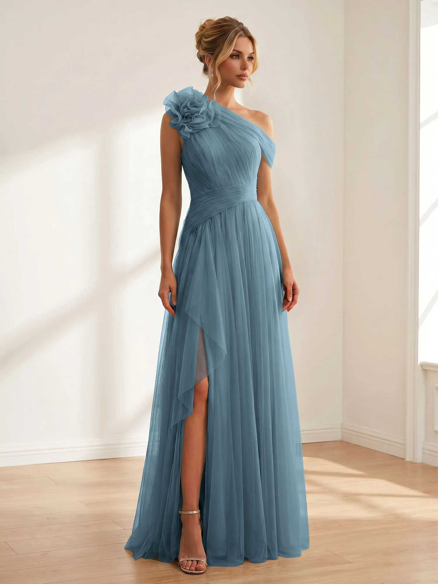 One-Shoulder Tulle Evening Gown with Floral Accent