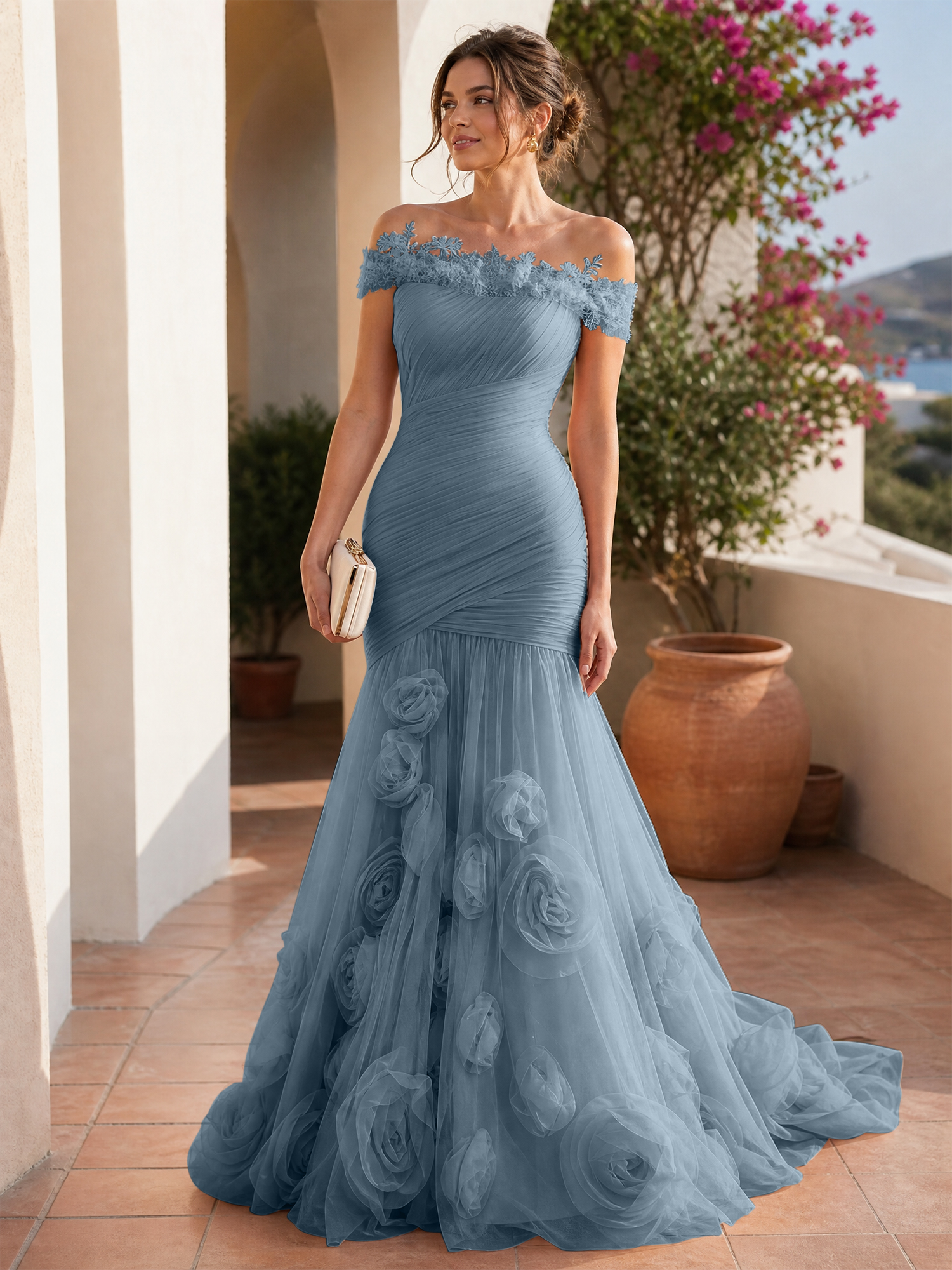 Romantic Blushing Rose Off-the-Shoulder Mermaid Formal Evening Dress 