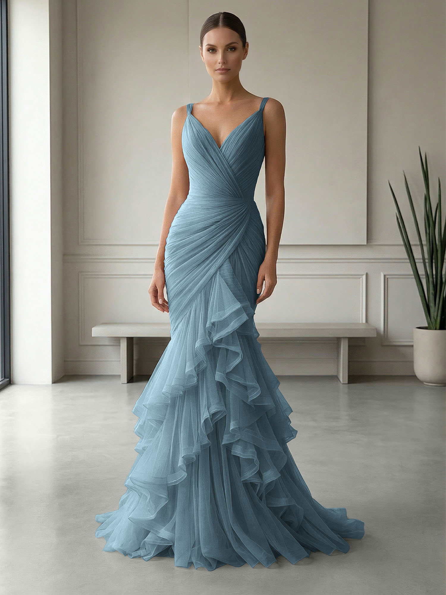 Mauve Folds Tulle Strapless Sleeveless Mermaid Gown Dress