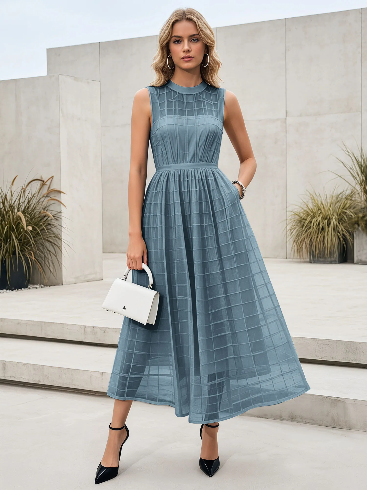 Sleeveless Grid Mesh A-Line Midi Evening Dress