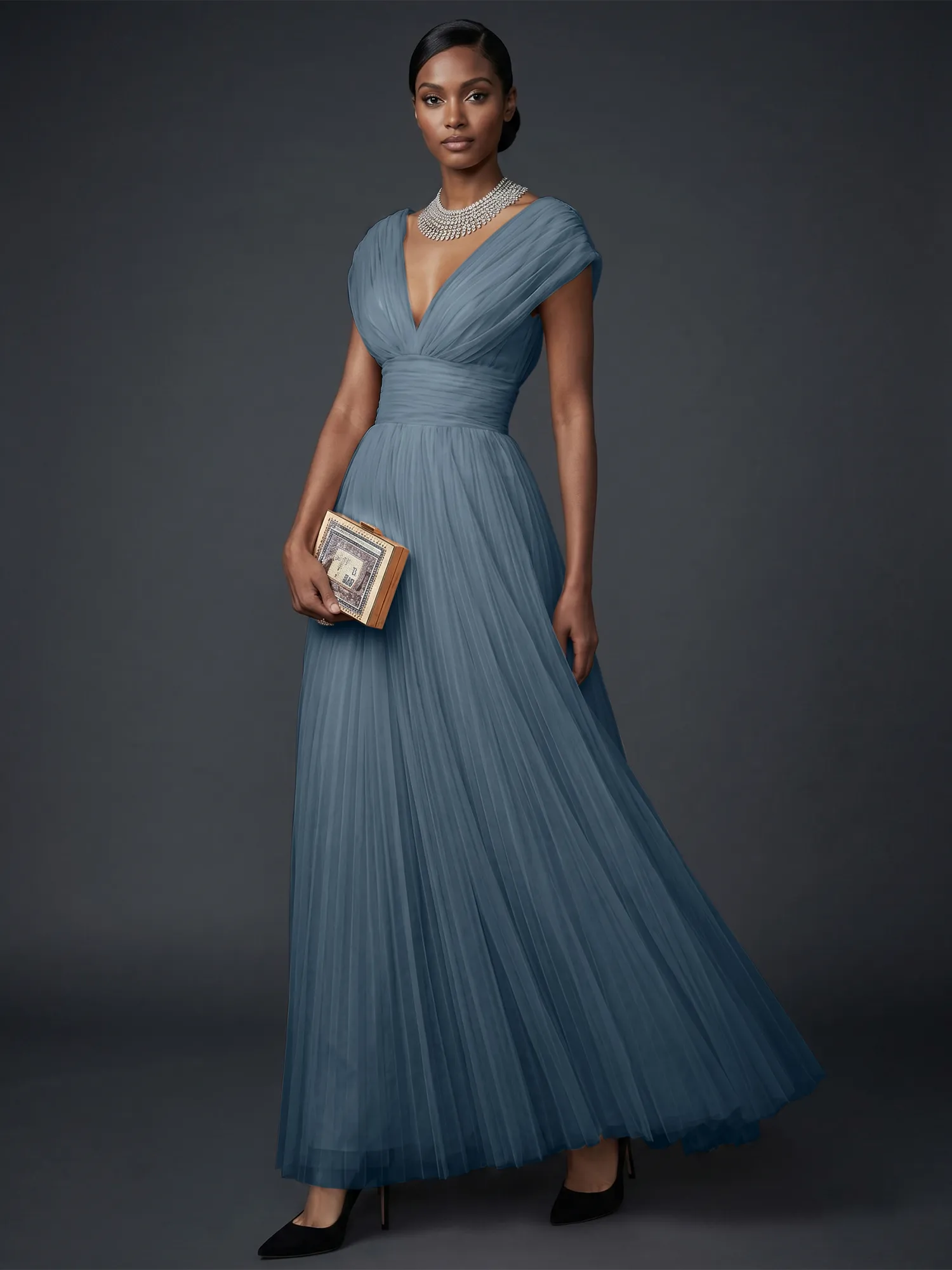 Draped V-Neck Pleated Tulle Evening Gown Maxi Dress
