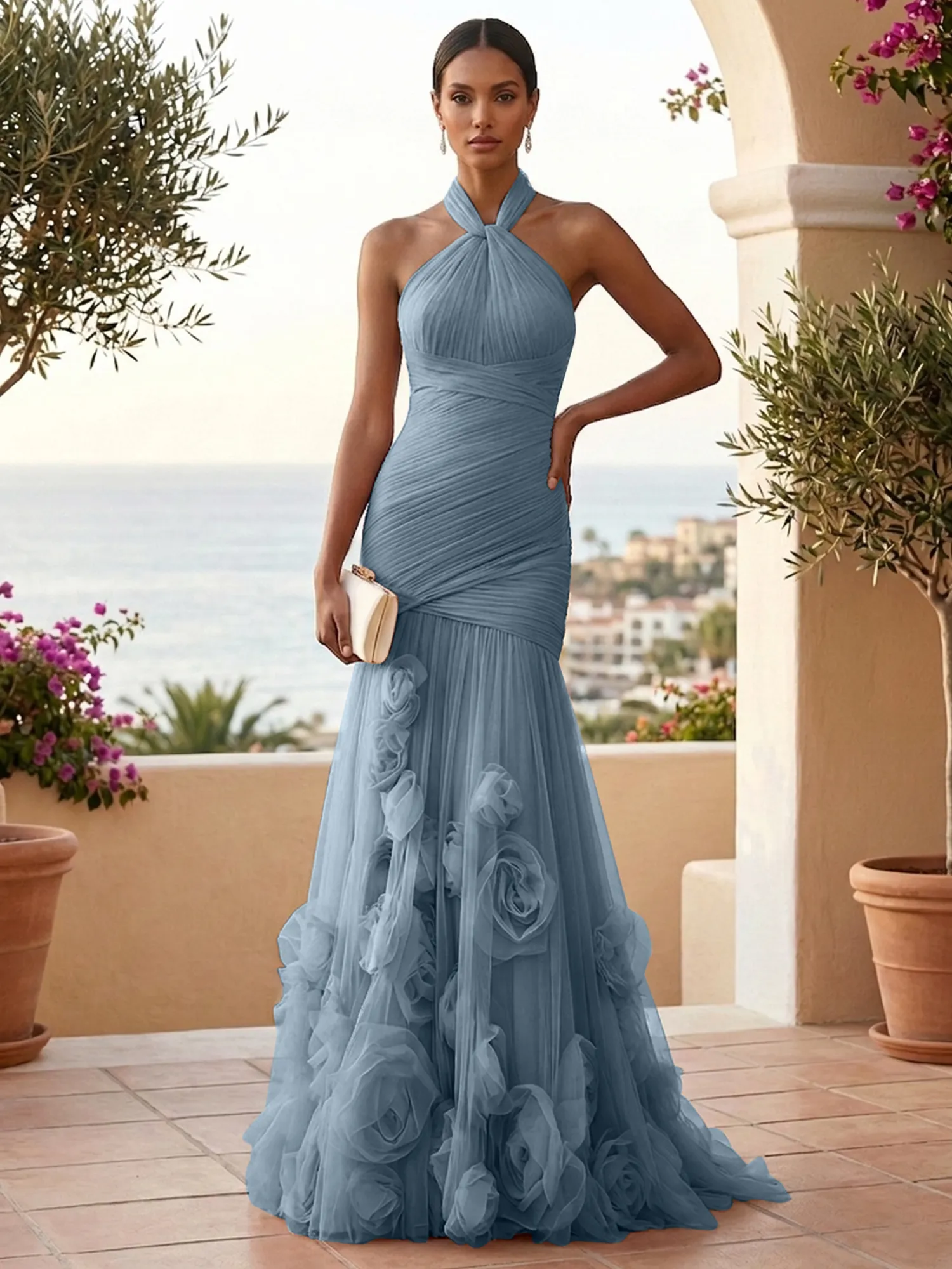 Halter Neck Ruched Tulle Mermaid Gown with 3D Floral Appliqués