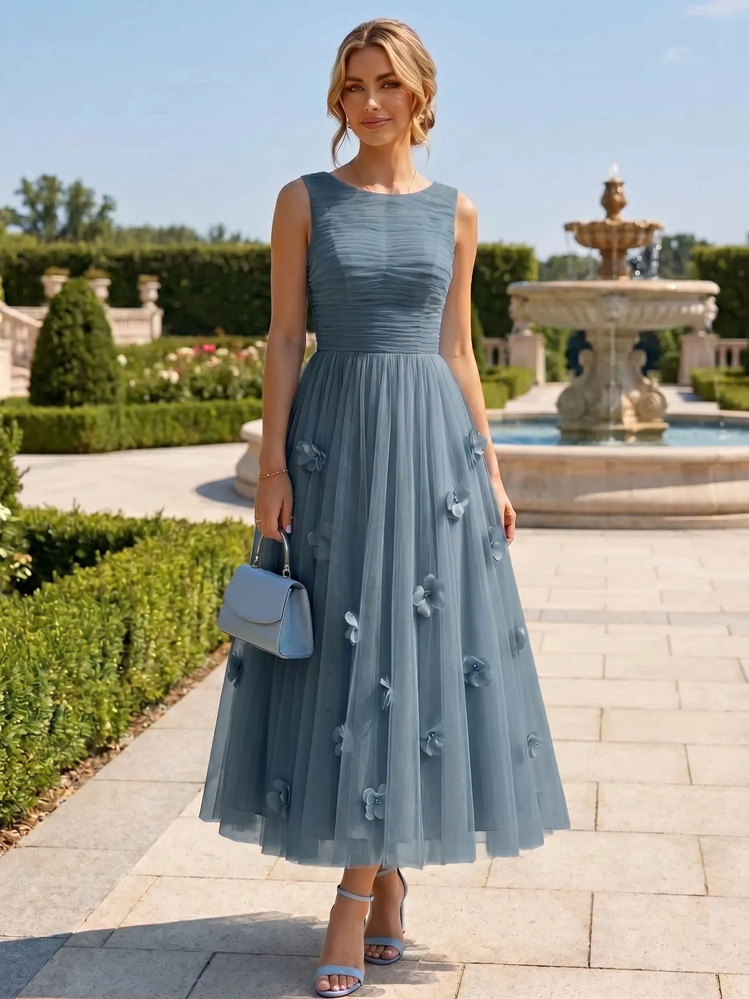 A Line Sleeveless Tulle Midi Dress with 3D Floral Appliqués