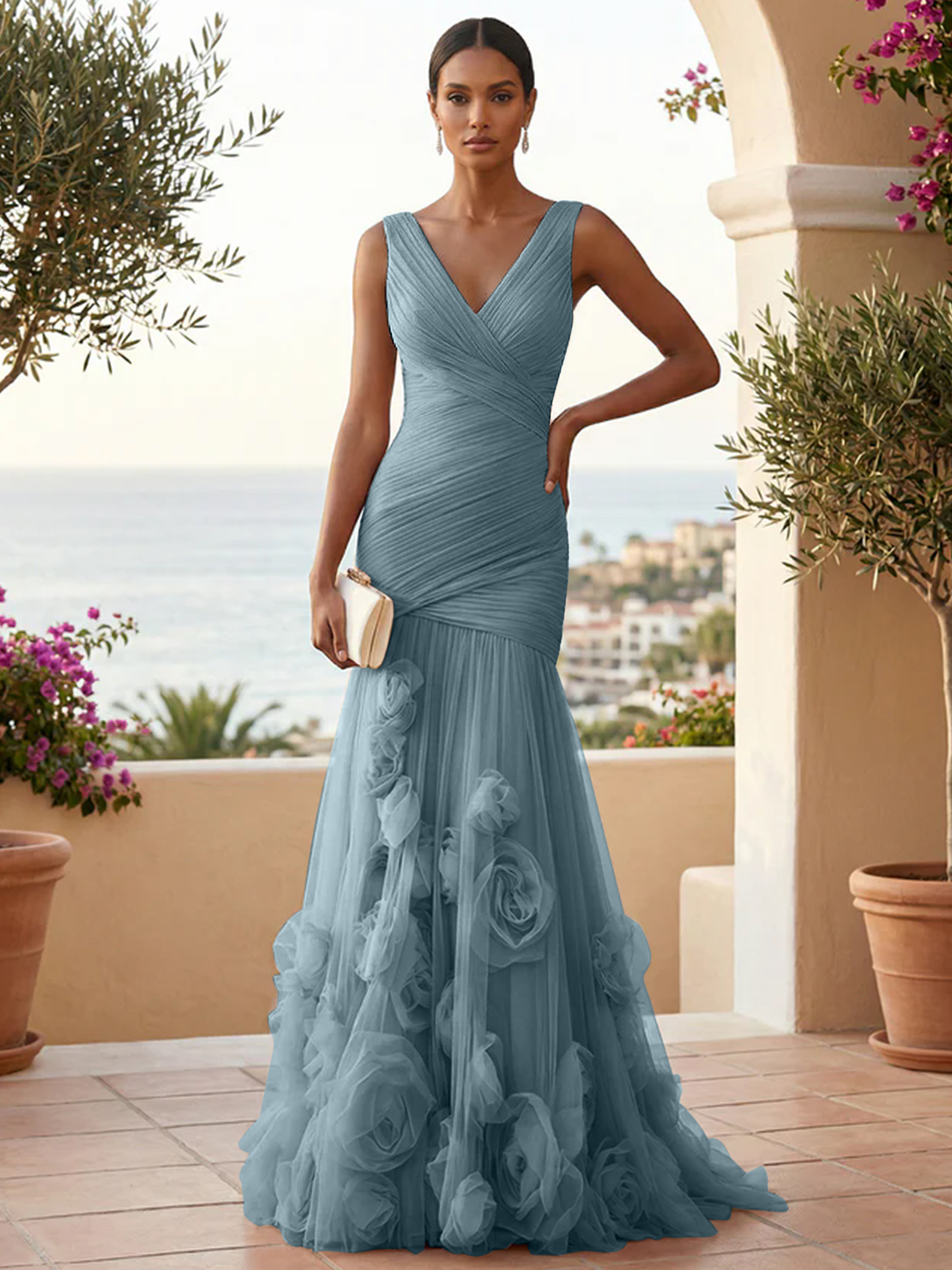 Sweetheart Tulle V Neck Pleat Mermaid Evening Dresses with 3D Flower